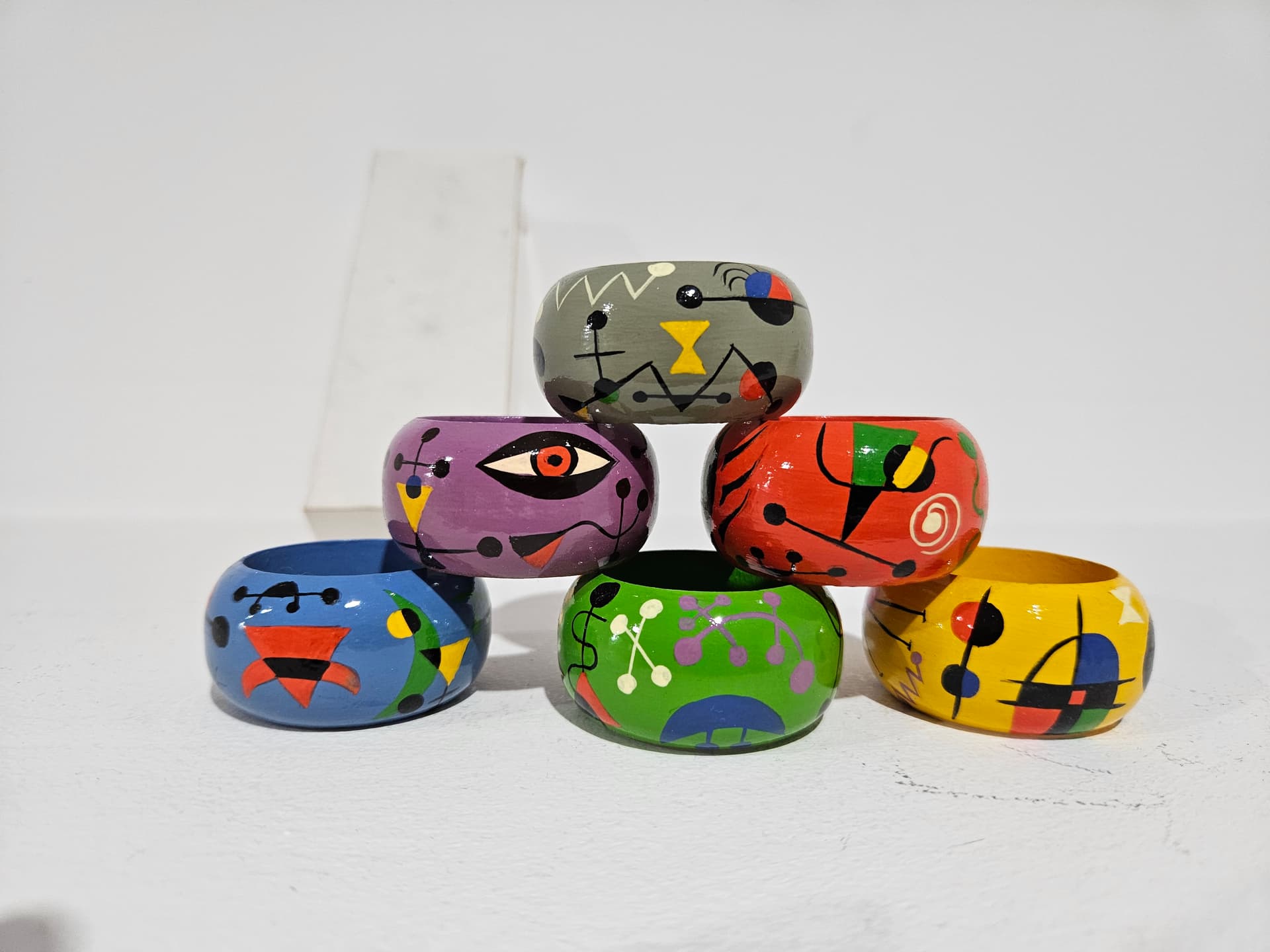 Set of six napkin rings, abstract, wood, 1980s - 366837