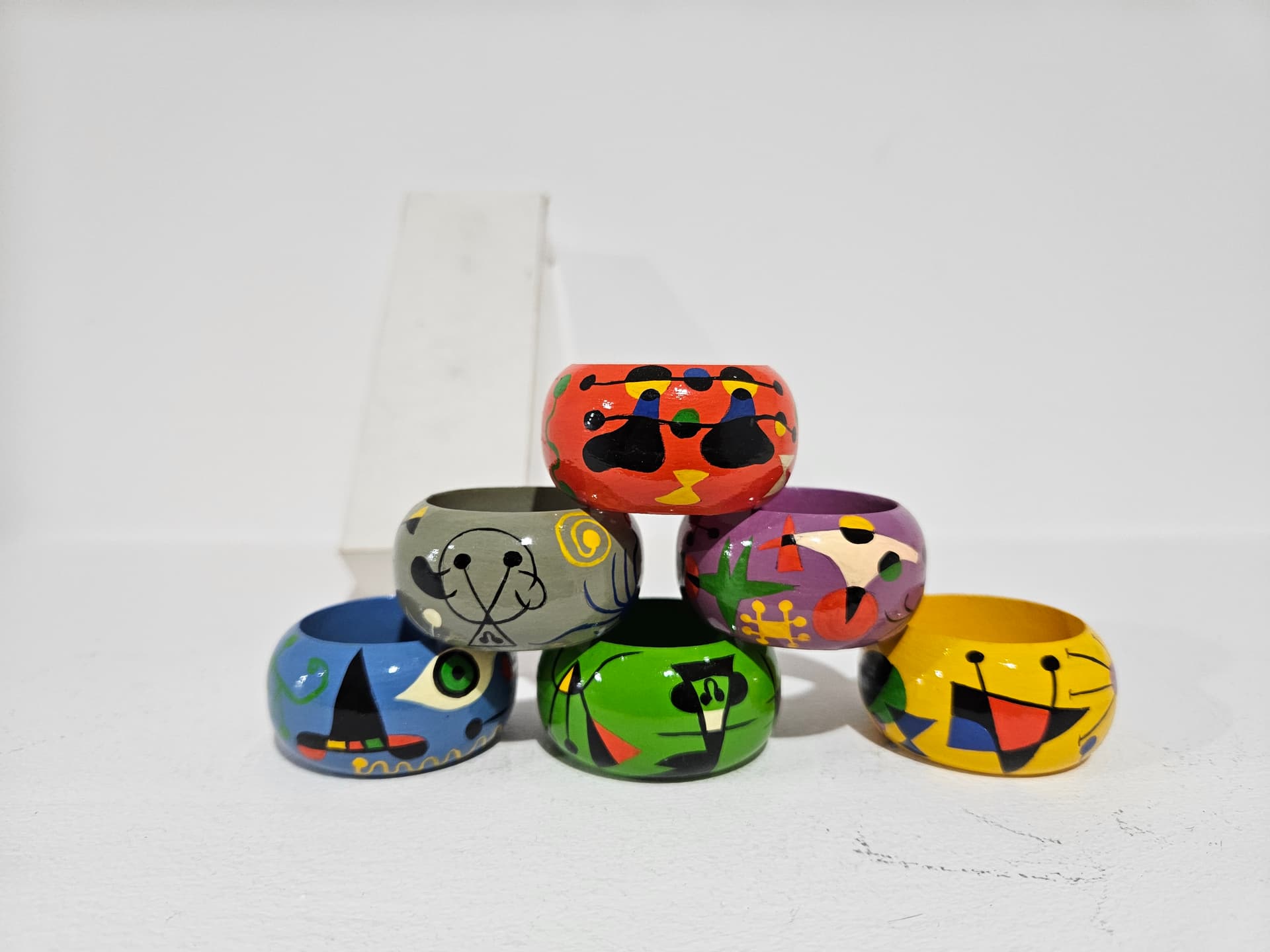 Set of six napkin rings, abstract, wood, 1980s - 366838
