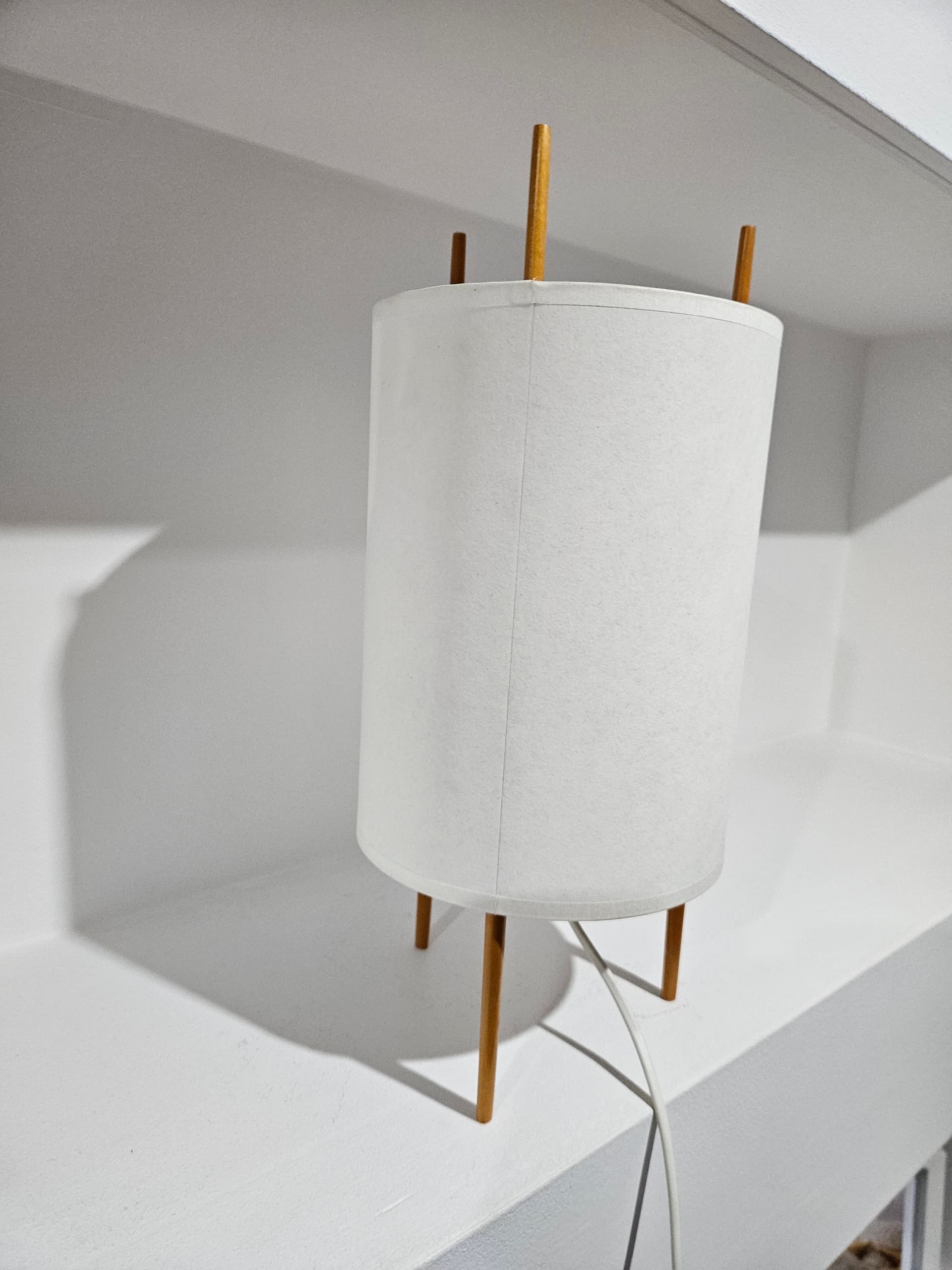 Table lamp No 9, white paper, brown wood, by I. Noguchi, Knoll, USA, 1970s. - 366853