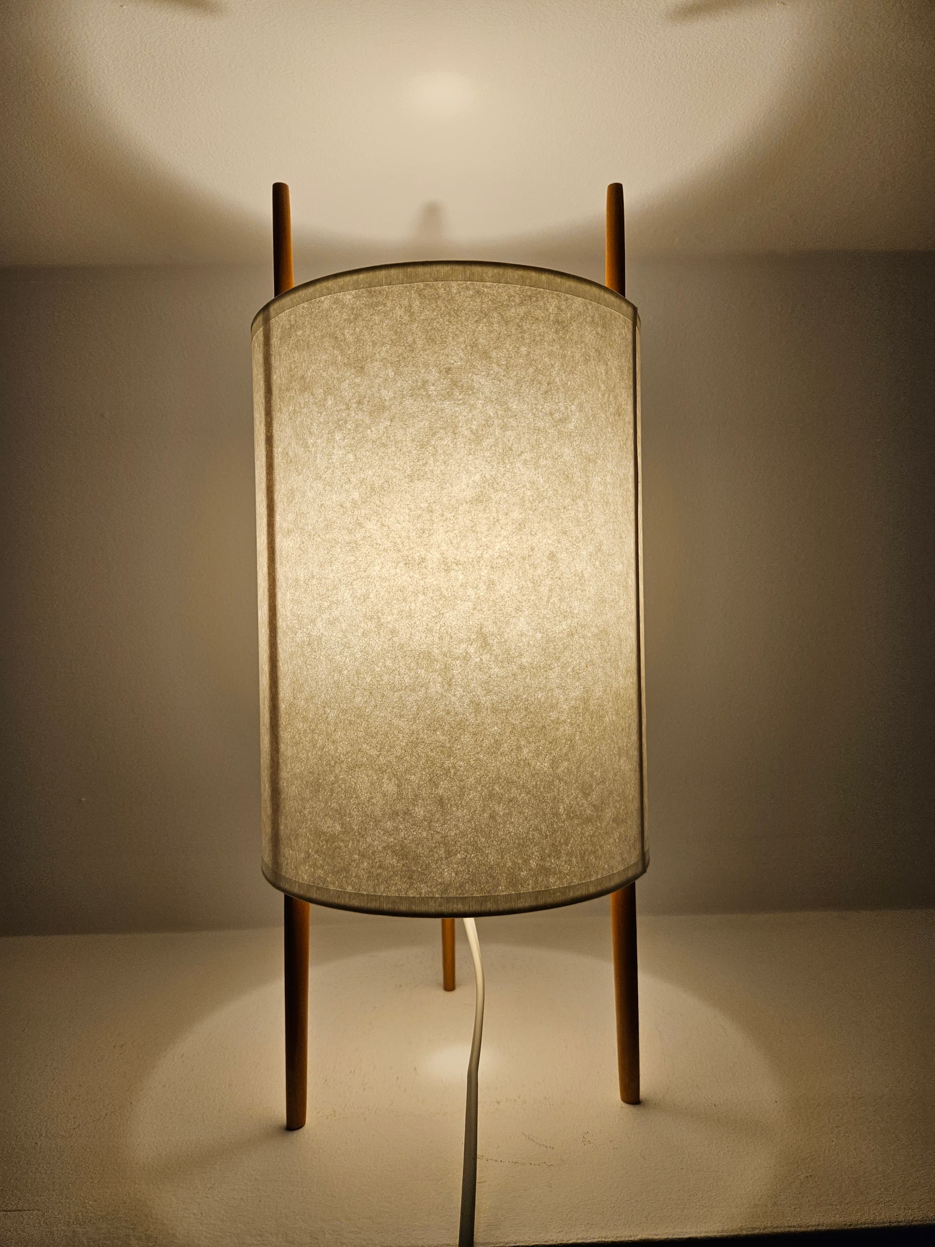 Table lamp No 9, white paper, brown wood, by I. Noguchi, Knoll, USA, 1970s. - 366856