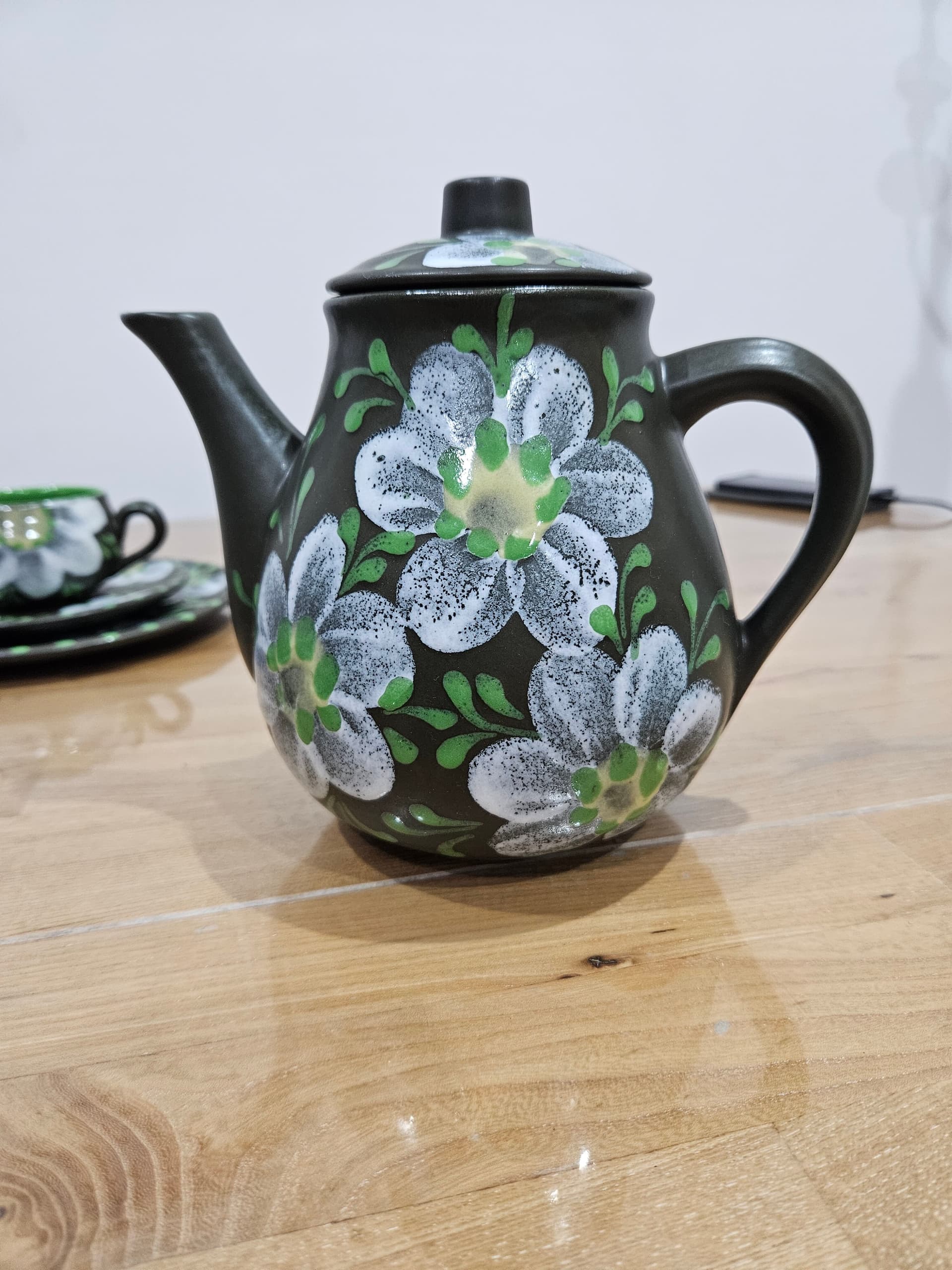 Twenty-two piece coffee and tea set, black white grey green ceramic, Argentina, 1980s. - 366870