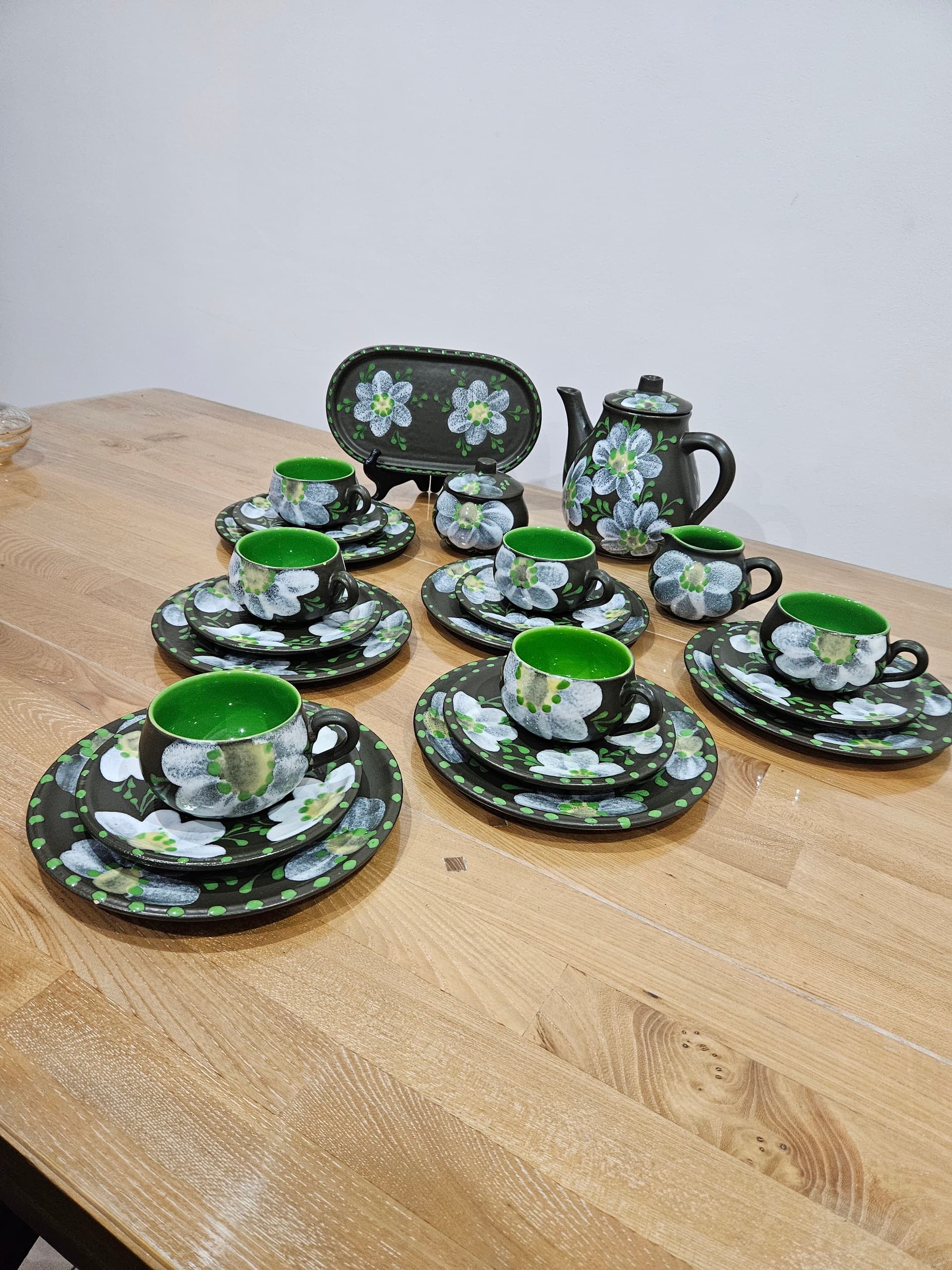 Twenty-two piece coffee and tea set, black white grey green ceramic, Argentina, 1980s. - 366871