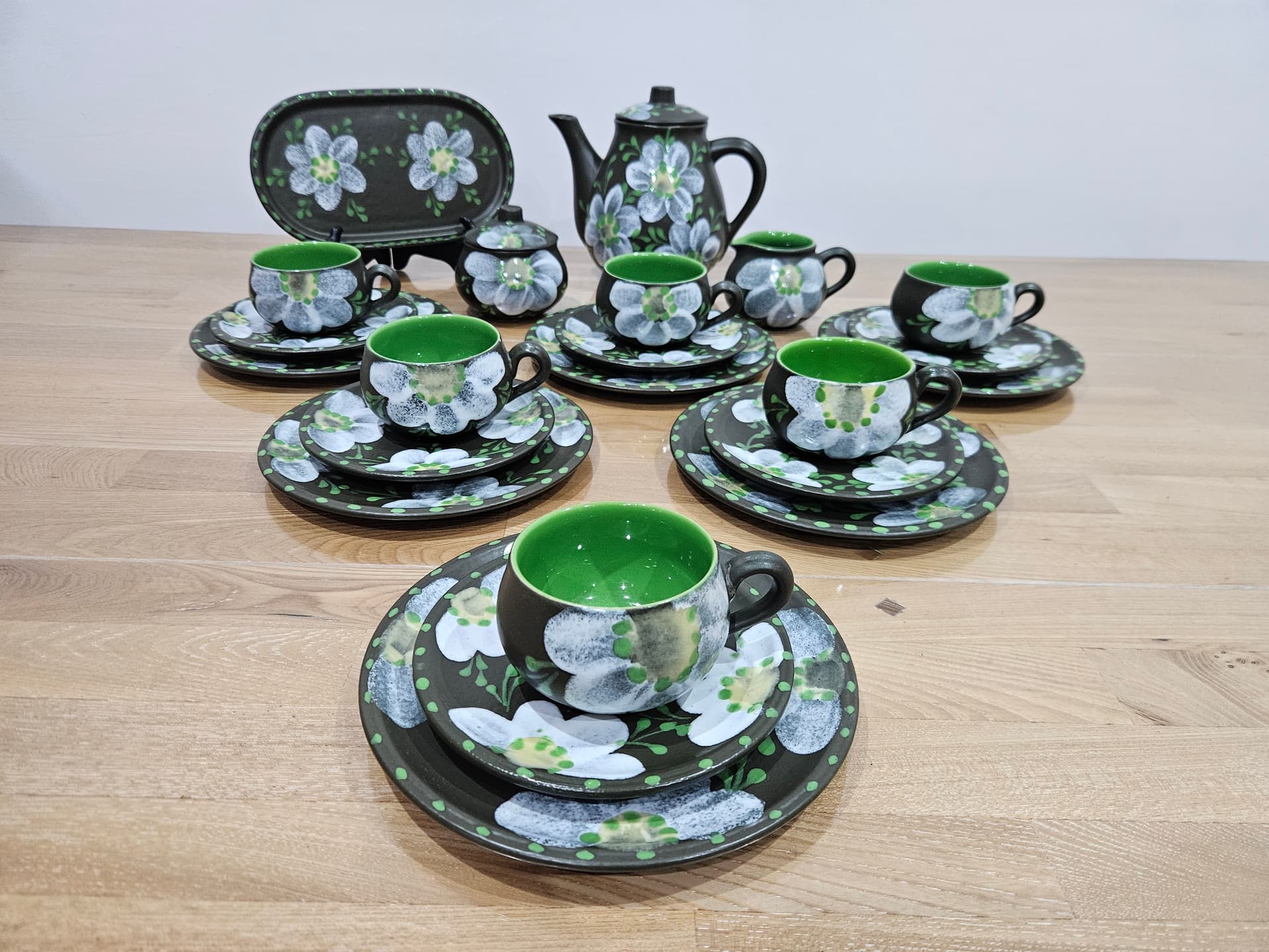 Twenty-two piece coffee and tea set, black white grey green ceramic, Argentina, 1980s. - 366875