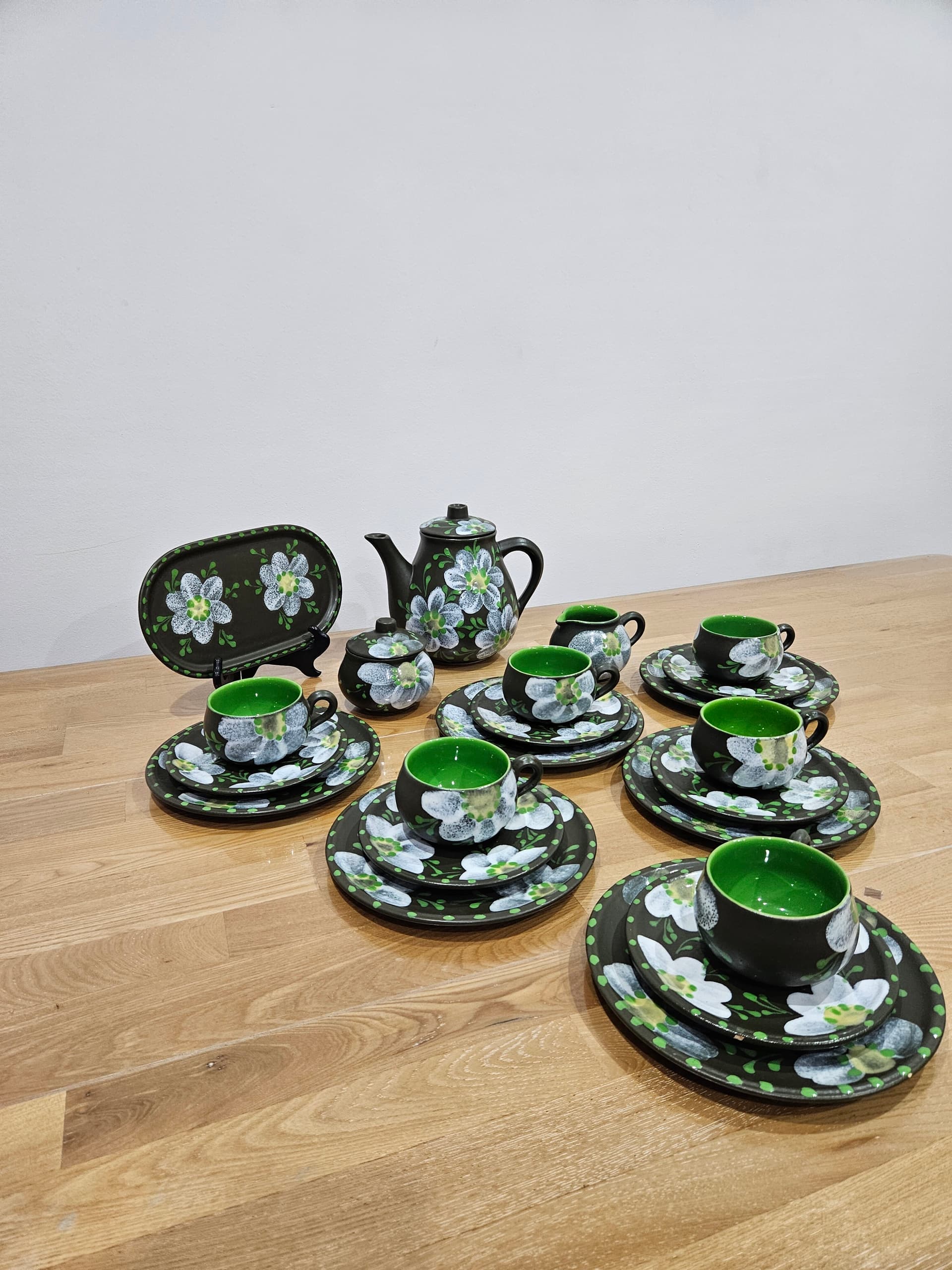 Twenty-two piece coffee and tea set, black white grey green ceramic, Argentina, 1980s. - 366866