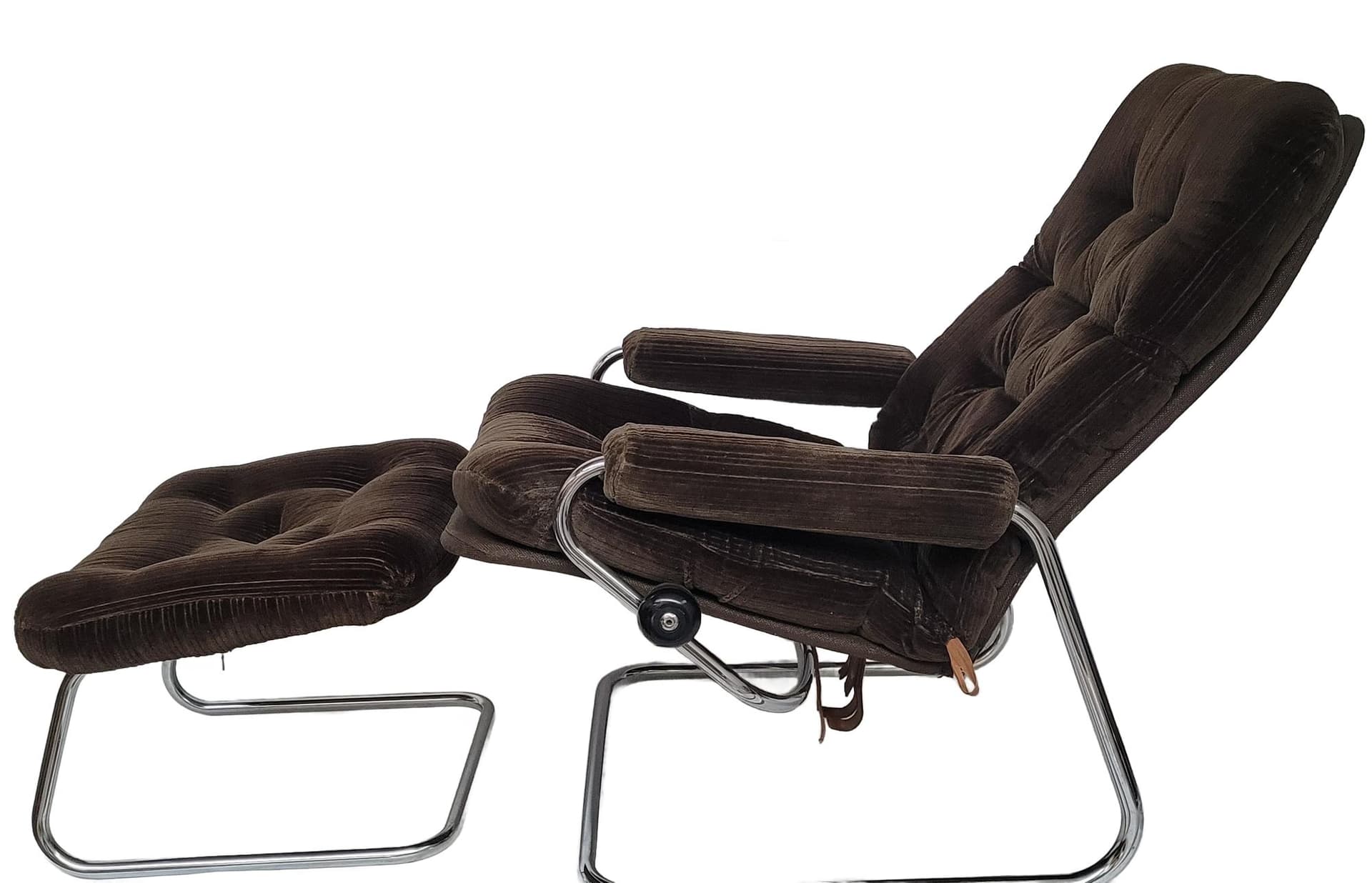 Fotel z podnóżkiem Stressless, aksamit brązowy, stal polerowana, Ekornes, Norwegia, lata 60.