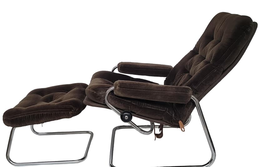 Fotel z podnóżkiem Stressless, aksamit brązowy, stal polerowana, Ekornes, Norwegia, lata 60.
