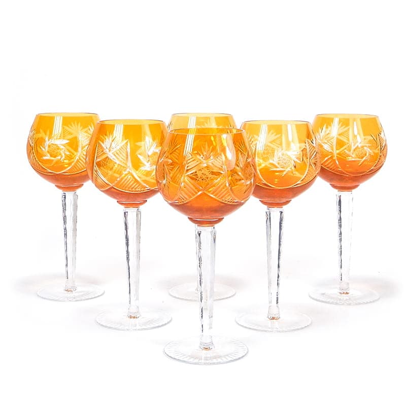 Set of Wine Glasses WMF Cristal Cabinet, orange crystal clear glass, WMF, Germany, 1950s - 367075