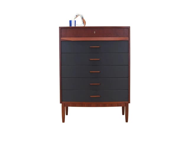 Komoda, mid-century modern, teak brązowy, fronty czarne, Dania, lata 70. - WYMIARY
