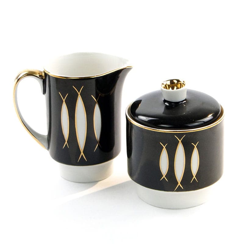 Sugar Bowl and Creamer Set, London, black white gold porcelain, by W. Potacki, Ćmielów, Poland, 1960s. - 367203