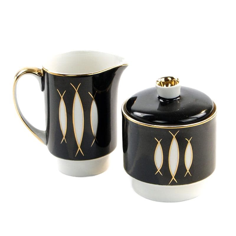 Sugar Bowl and Creamer Set, London, black white gold porcelain, by W. Potacki, Ćmielów, Poland, 1960s.