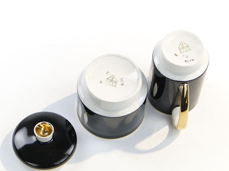 Sugar Bowl and Creamer Set, London, black white gold porcelain, by W. Potacki, Ćmielów, Poland, 1960s. - 367209
