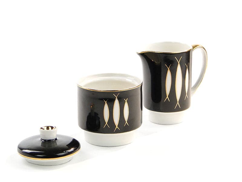 Sugar Bowl and Creamer Set, London, black white gold porcelain, by W. Potacki, Ćmielów, Poland, 1960s. - 367211