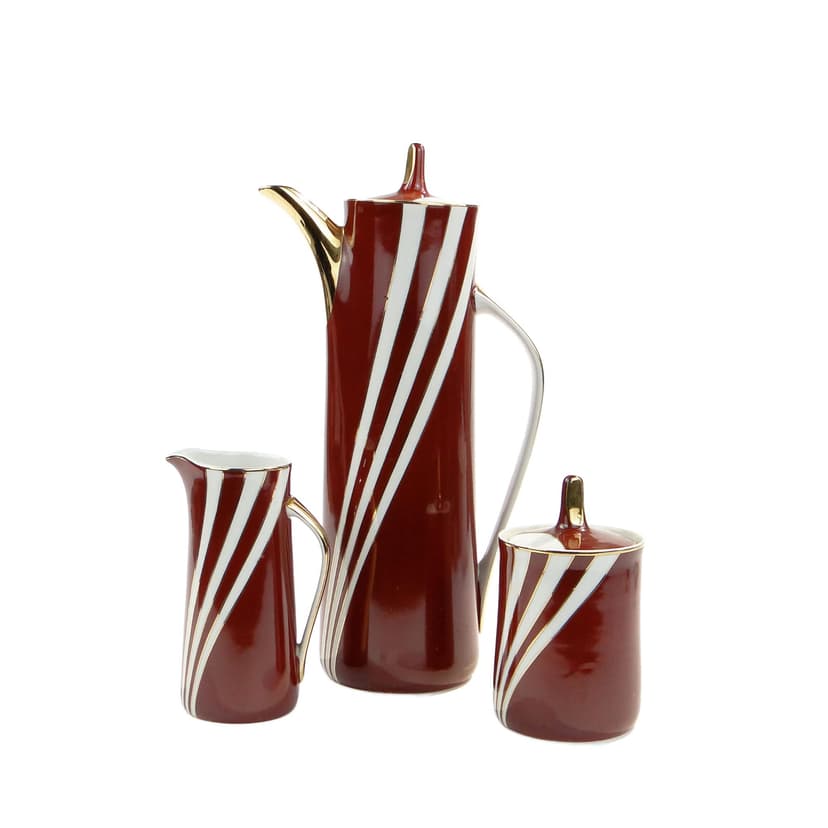 Coffee Set Krokus, red white gold, porcelain, by W. Potacki, Ćmielów, Poland, 1960s.