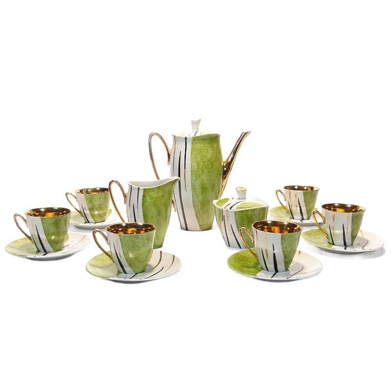 Coffee Set Ewa, green white-black porcelain, gilded, by Z. M. Stadnicki, Zakład Porcelany Stołowej Krzysztof, Poland, 1950s