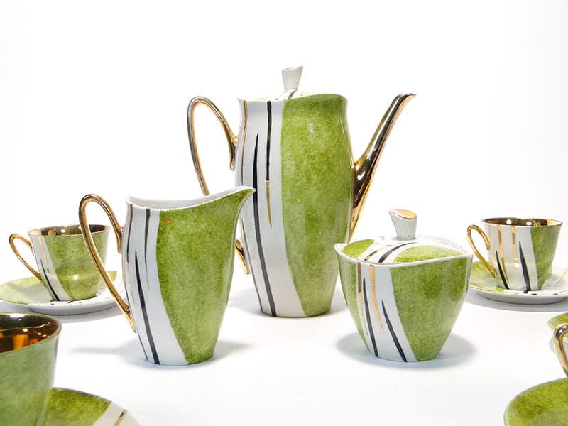 Coffee Set Ewa, green white-black porcelain, gilded, by Z. M. Stadnicki, Zakład Porcelany Stołowej Krzysztof, Poland, 1950s - 367251