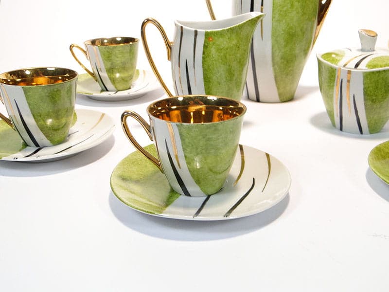 Coffee Set Ewa, green white-black porcelain, gilded, by Z. M. Stadnicki, Zakład Porcelany Stołowej Krzysztof, Poland, 1950s - 367247