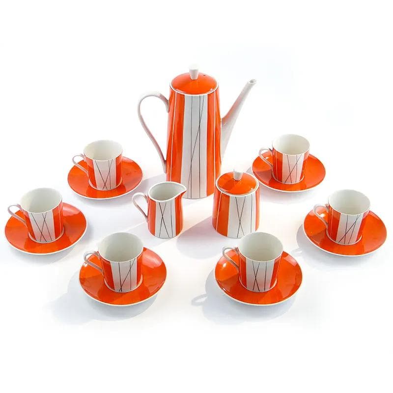Coffee set Adam, orange-white-black, porcelain, by S. Skomiał, Poland, 1960s. - 367256