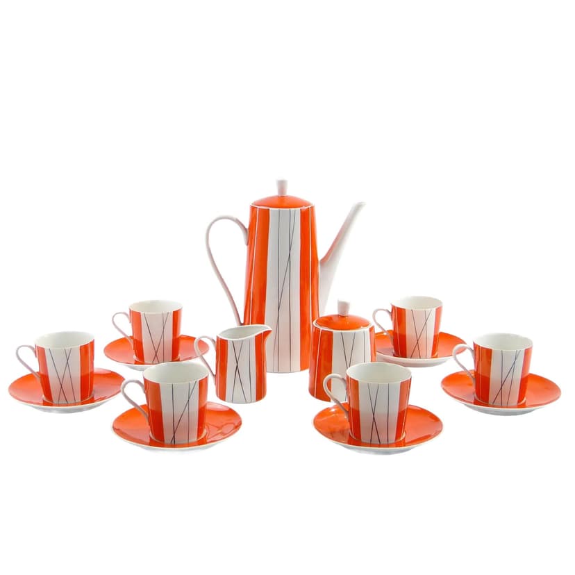 Coffee set Adam, orange-white-black, porcelain, by S. Skomiał, Poland, 1960s.