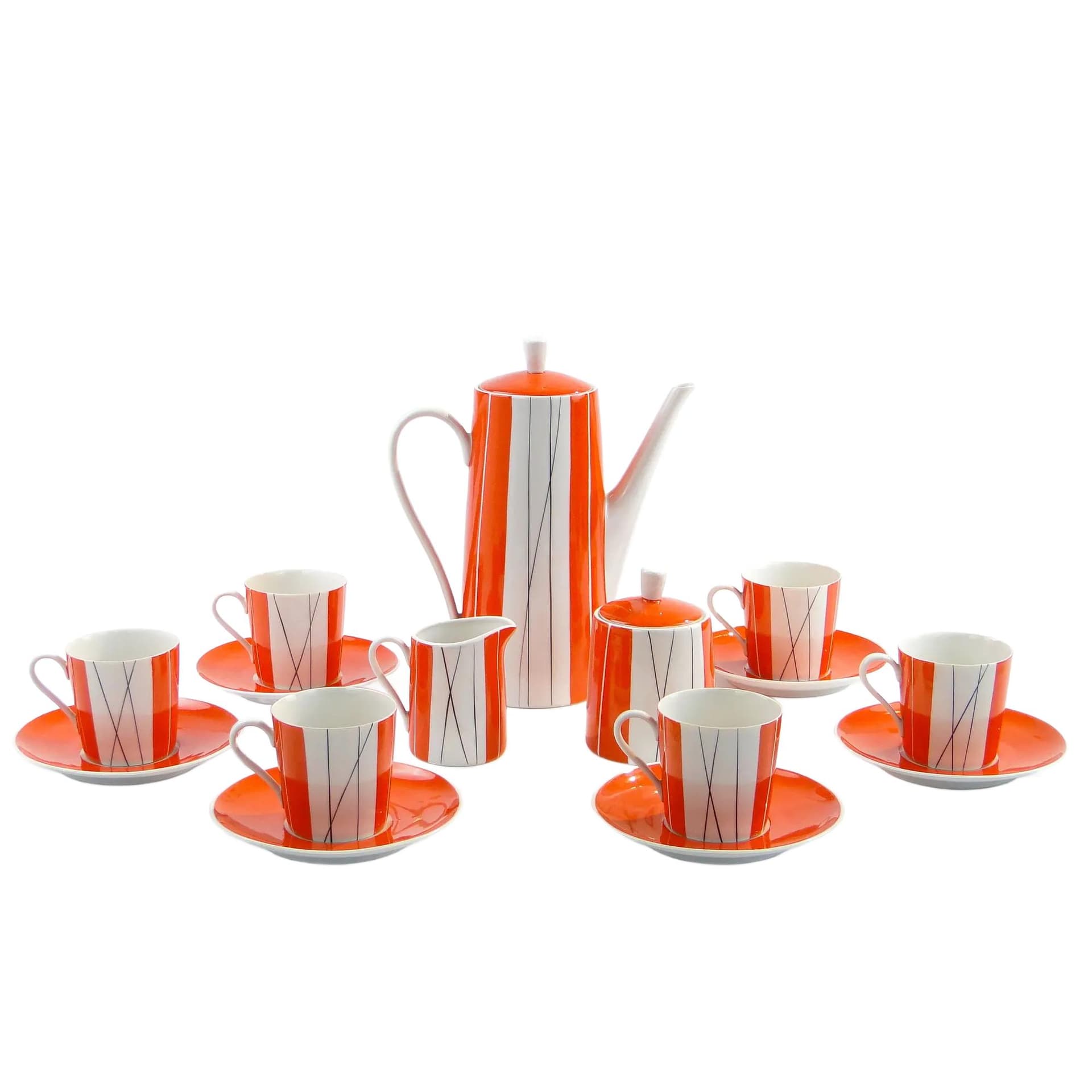 Coffee set Adam, orange-white-black, porcelain, by S. Skomiał, Poland, 1960s. - 367254
