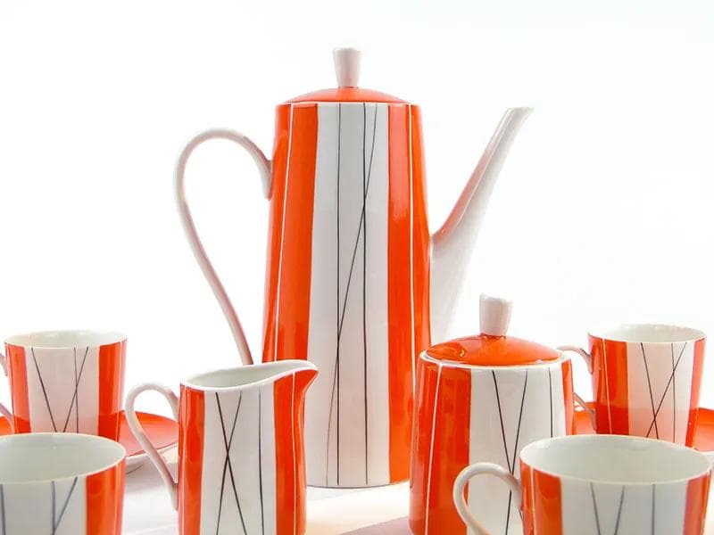Coffee set Adam, orange-white-black, porcelain, by S. Skomiał, Poland, 1960s. - 367259