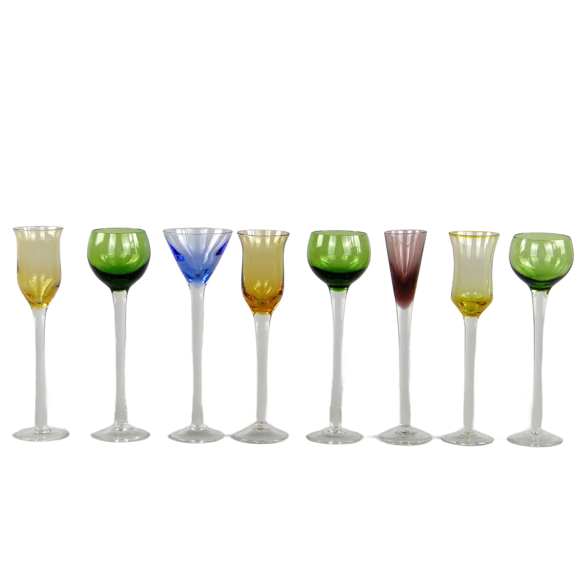 Set of liqueur glasses, green yellow blue purple clear glass, Italy, 1970s.