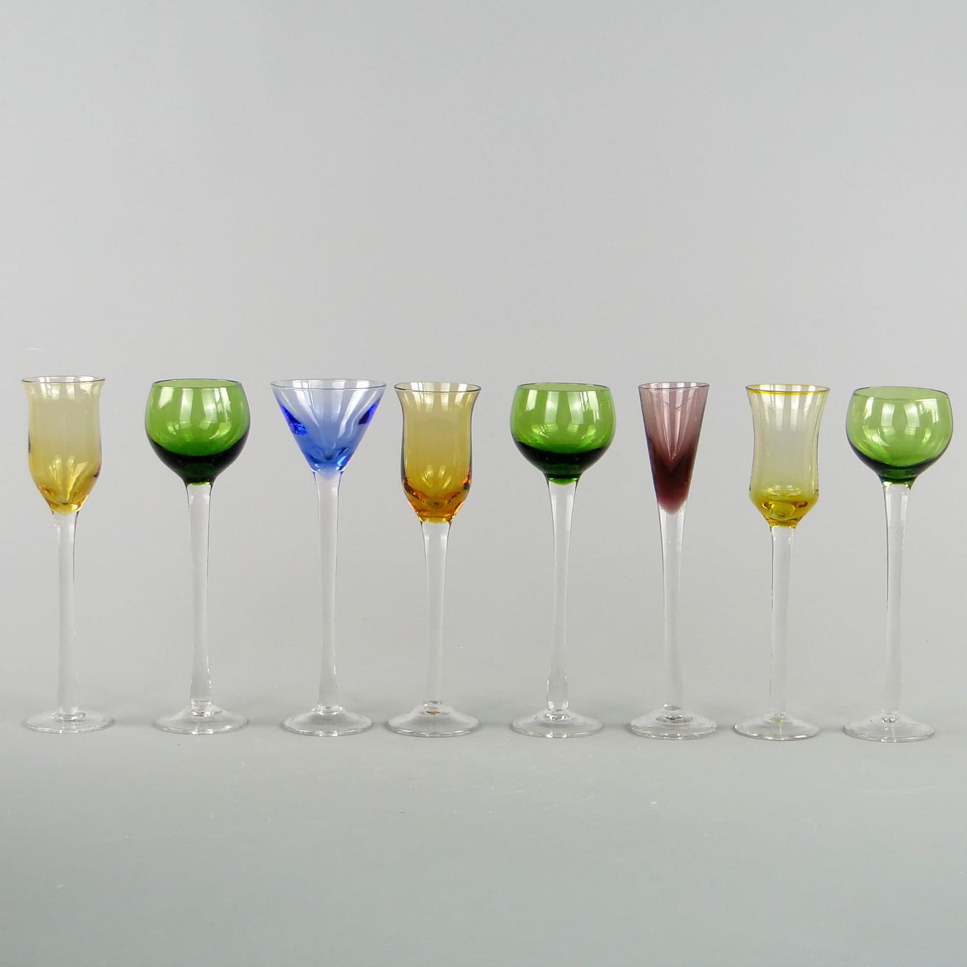Set of liqueur glasses, green yellow blue purple clear glass, Italy, 1970s. - 367494