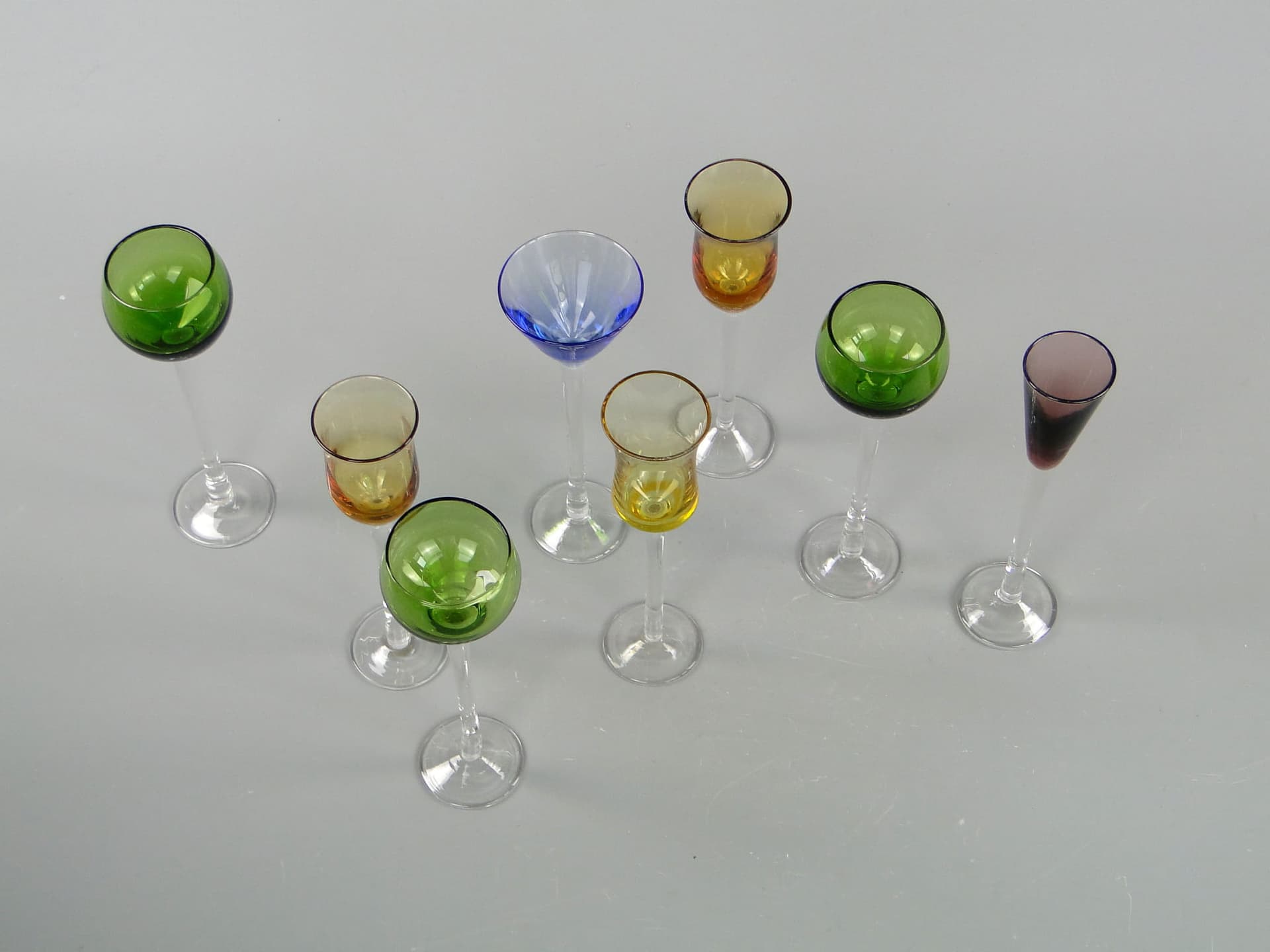 Set of liqueur glasses, green yellow blue purple clear glass, Italy, 1970s. - 367491