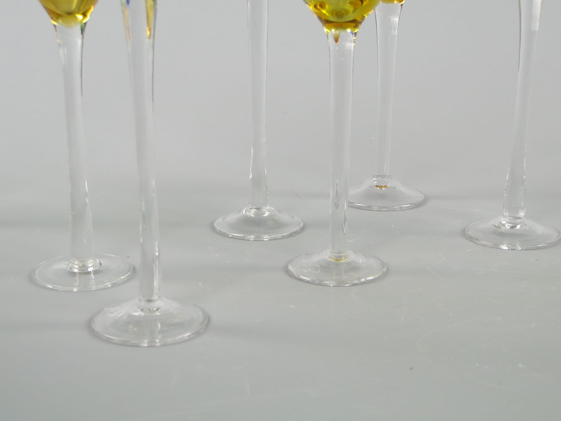 Set of liqueur glasses, green yellow blue purple clear glass, Italy, 1970s. - 367490