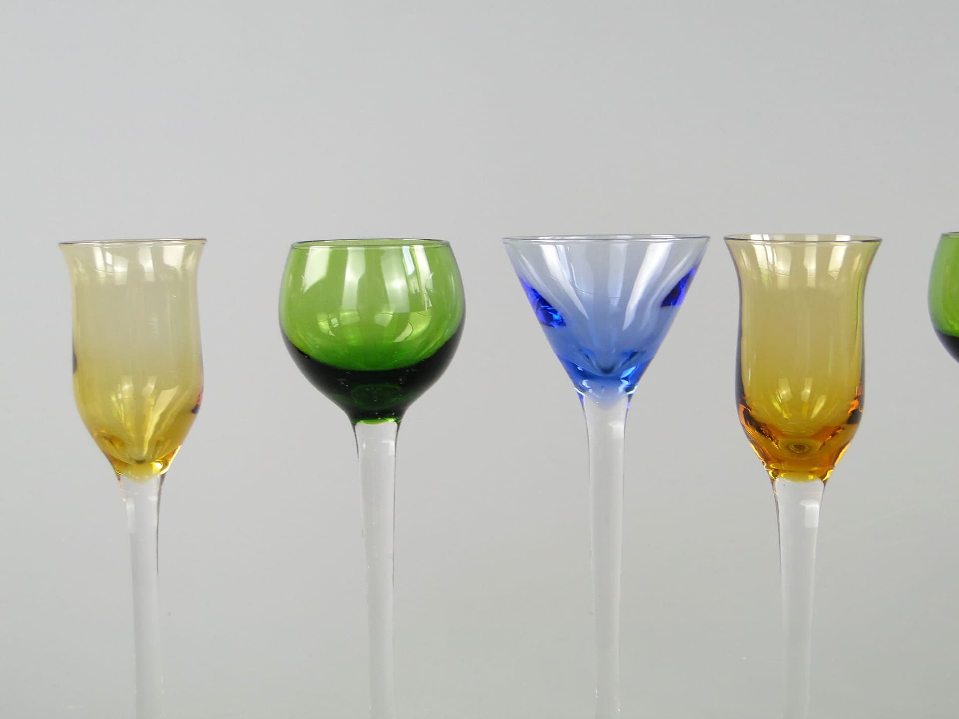 Set of liqueur glasses, green yellow blue purple clear glass, Italy, 1970s. - 367493