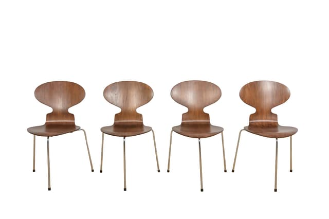 Set of four chairs Ant 3101, brown teak plywood, silver polished steel, by A. Jacobsen, Fritz Hansen, Denmark, 1970s. - DIMENSION