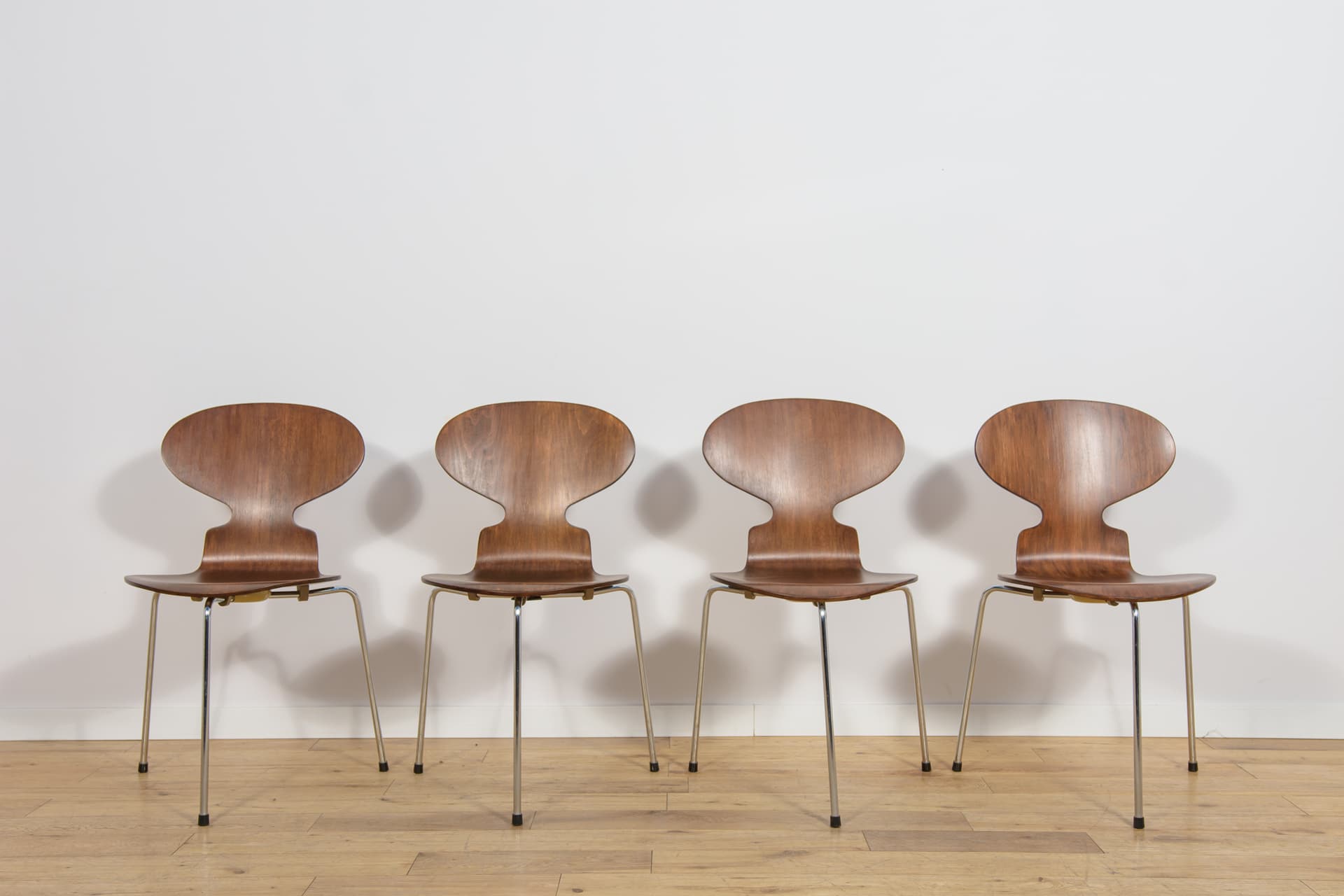 Set of four chairs Ant 3101, brown teak plywood, silver polished steel, by A. Jacobsen, Fritz Hansen, Denmark, 1970s. - 367531