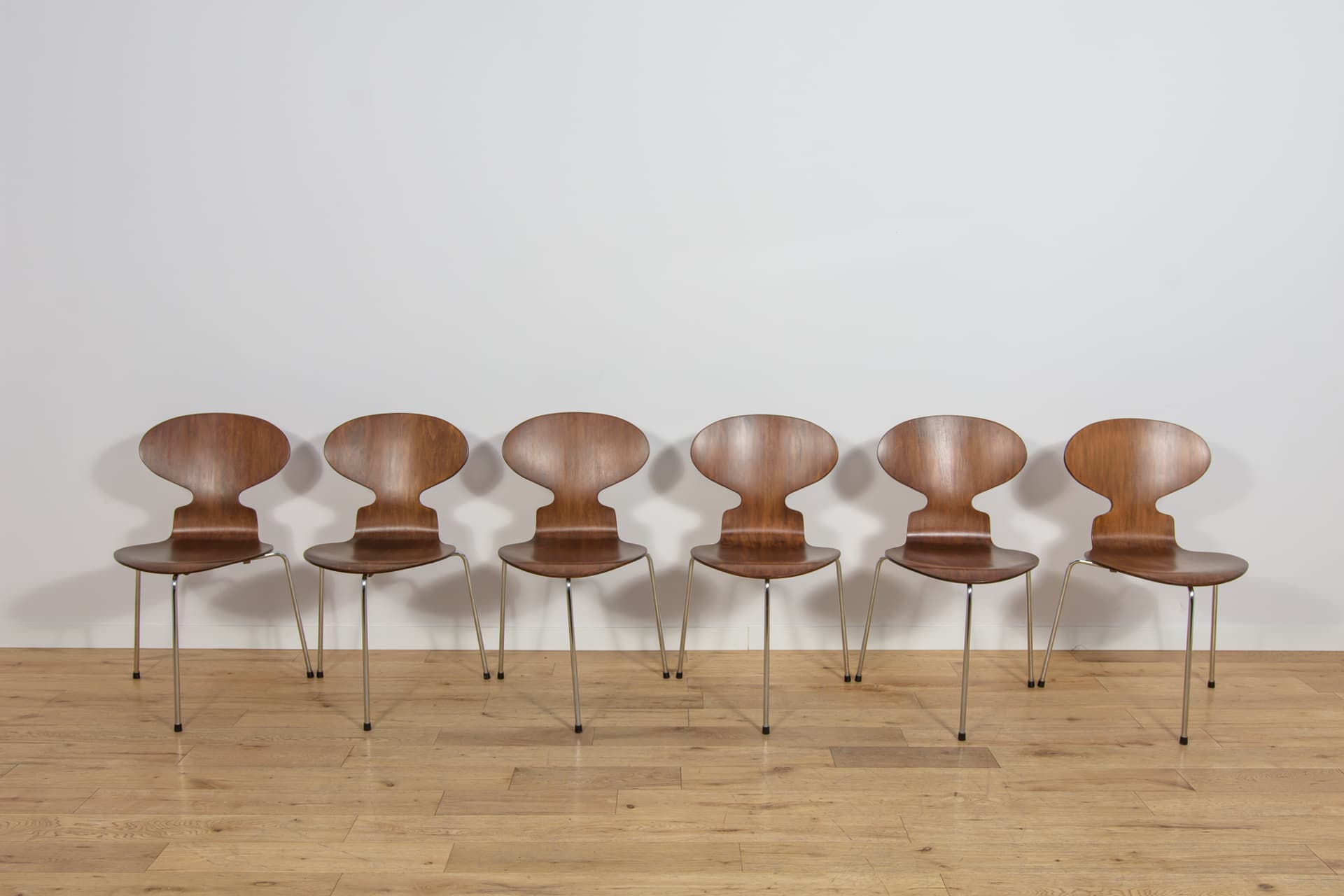 Set of six chairs Ant 3101, teak plywood brown, chrome steel silver, by A. Jacobsen, for Fritz Hansen, Denmark, 1970s. - 367640