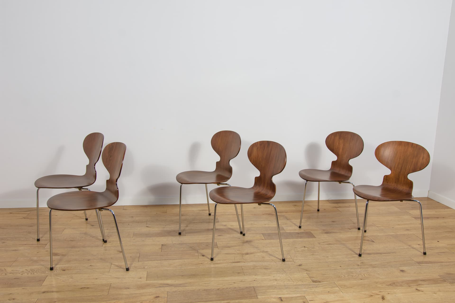 Set of six chairs Ant 3101, teak plywood brown, chrome steel silver, by A. Jacobsen, for Fritz Hansen, Denmark, 1970s. - 367644