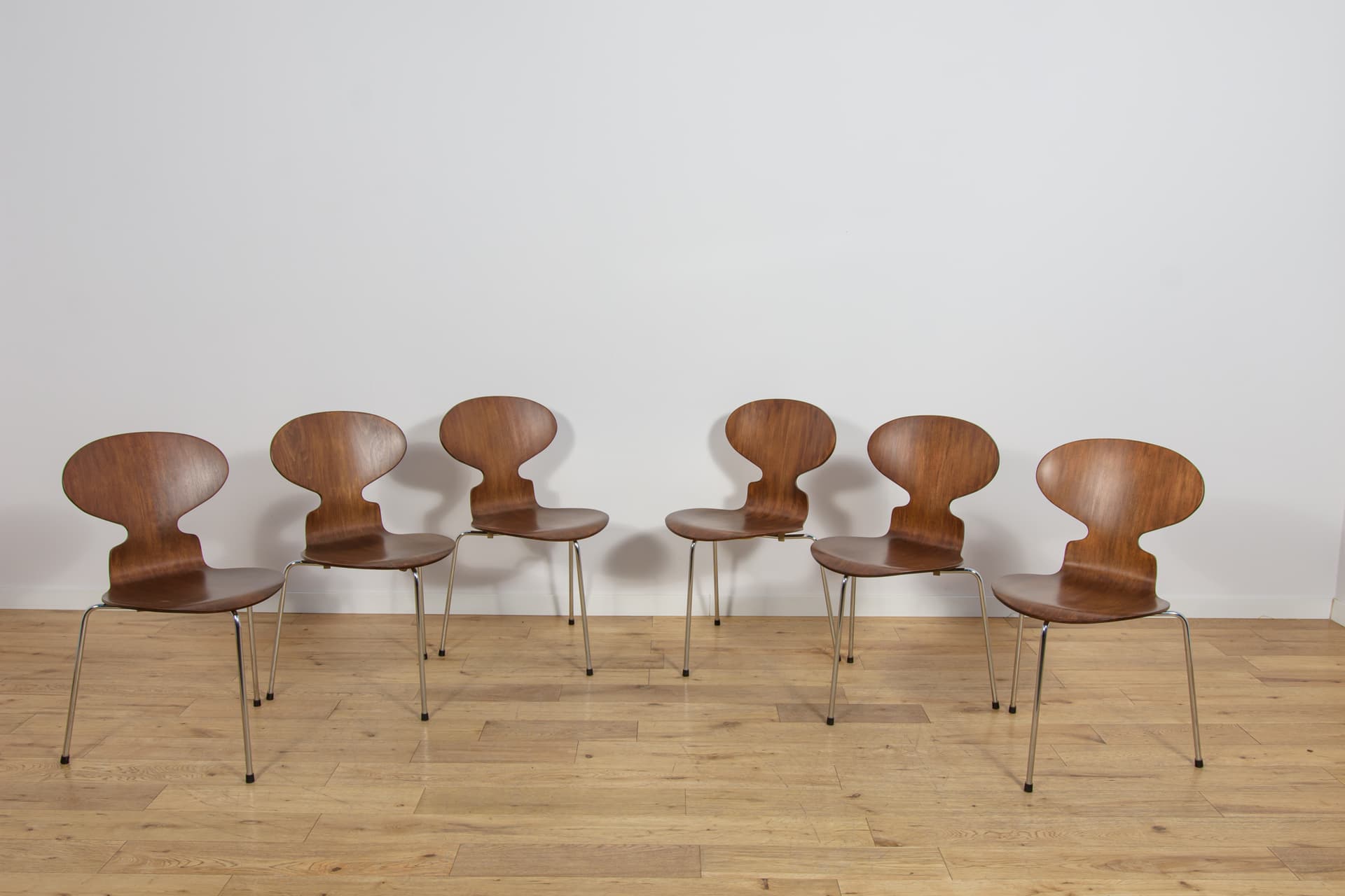 Set of six chairs Ant 3101, teak plywood brown, chrome steel silver, by A. Jacobsen, for Fritz Hansen, Denmark, 1970s. - 367643