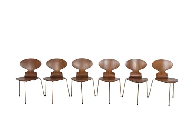 Set of six chairs Ant 3101, teak plywood brown, chrome steel silver, by A. Jacobsen, for Fritz Hansen, Denmark, 1970s. - DIMENSION