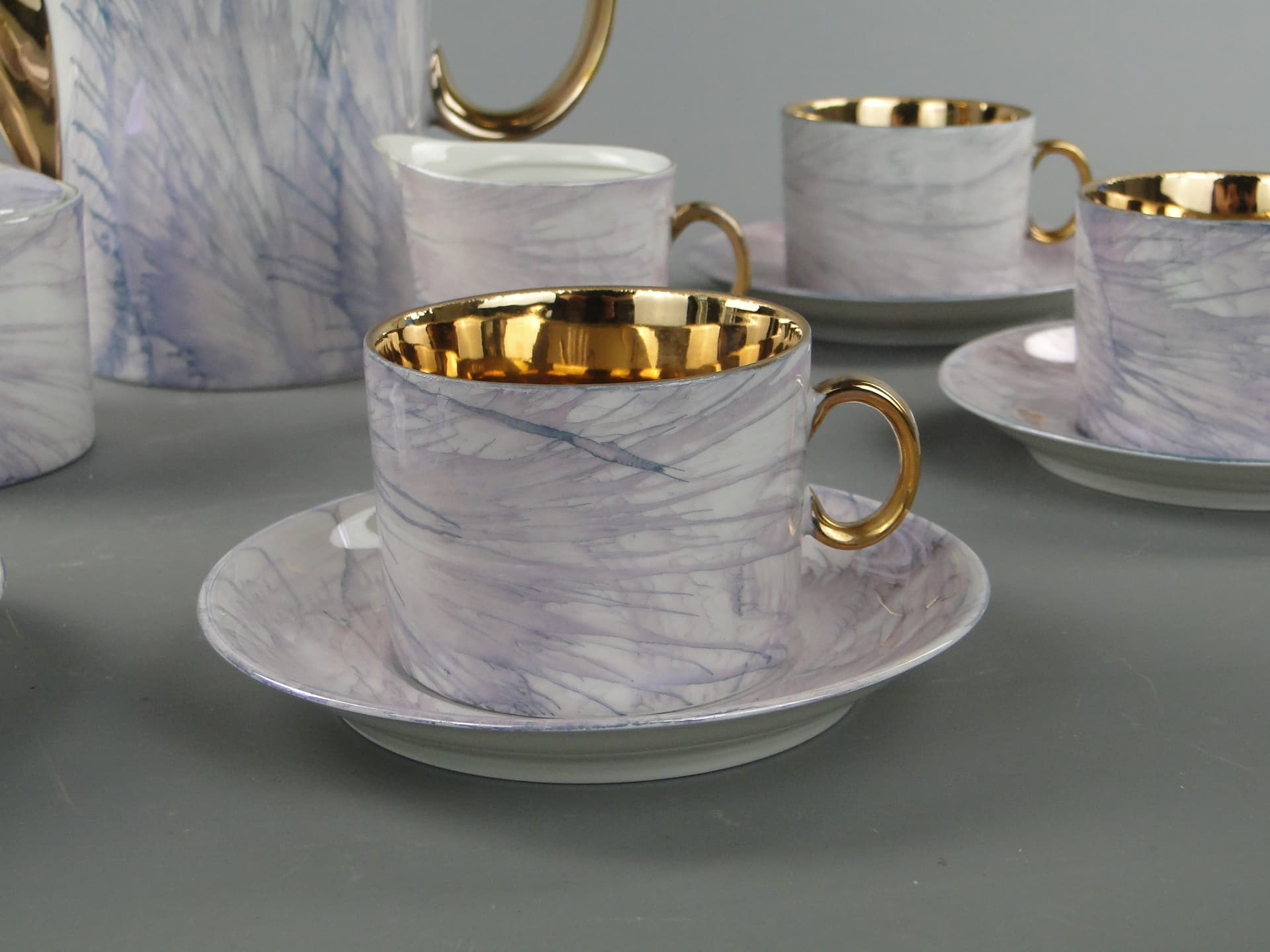 Coffee set Milo, white marbled blue grey purple, porcelain gilt, by A. Sadulski, Poland, 1960s. - 367704