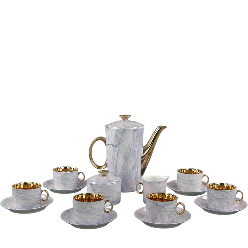 Coffee set Milo, white marbled blue grey purple, porcelain gilt, by A. Sadulski, Poland, 1960s.
