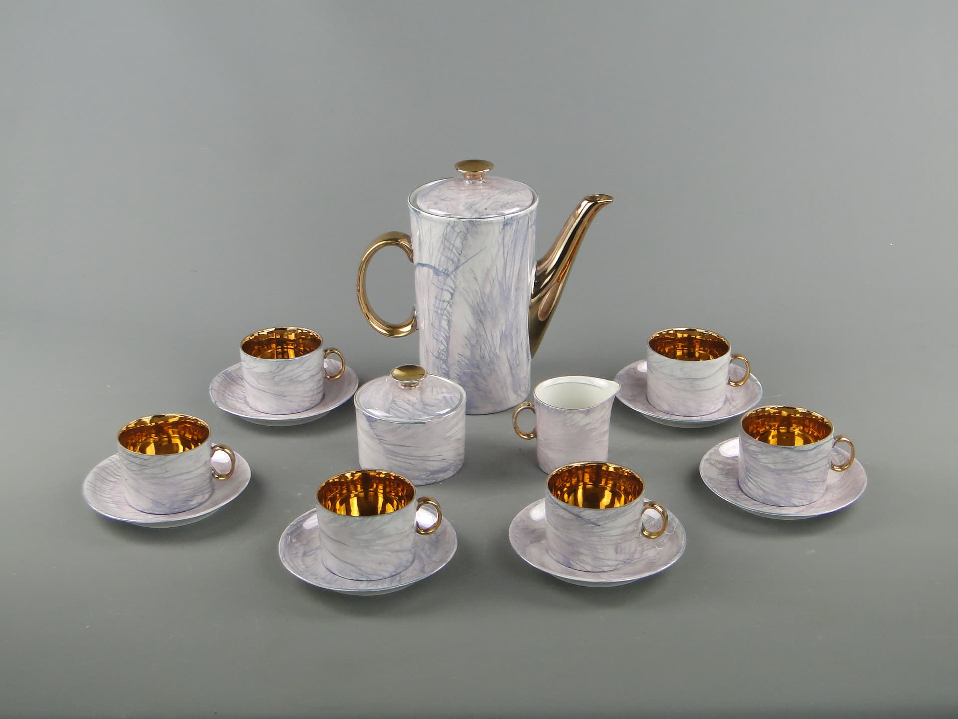 Coffee set Milo, white marbled blue grey purple, porcelain gilt, by A. Sadulski, Poland, 1960s. - 367708