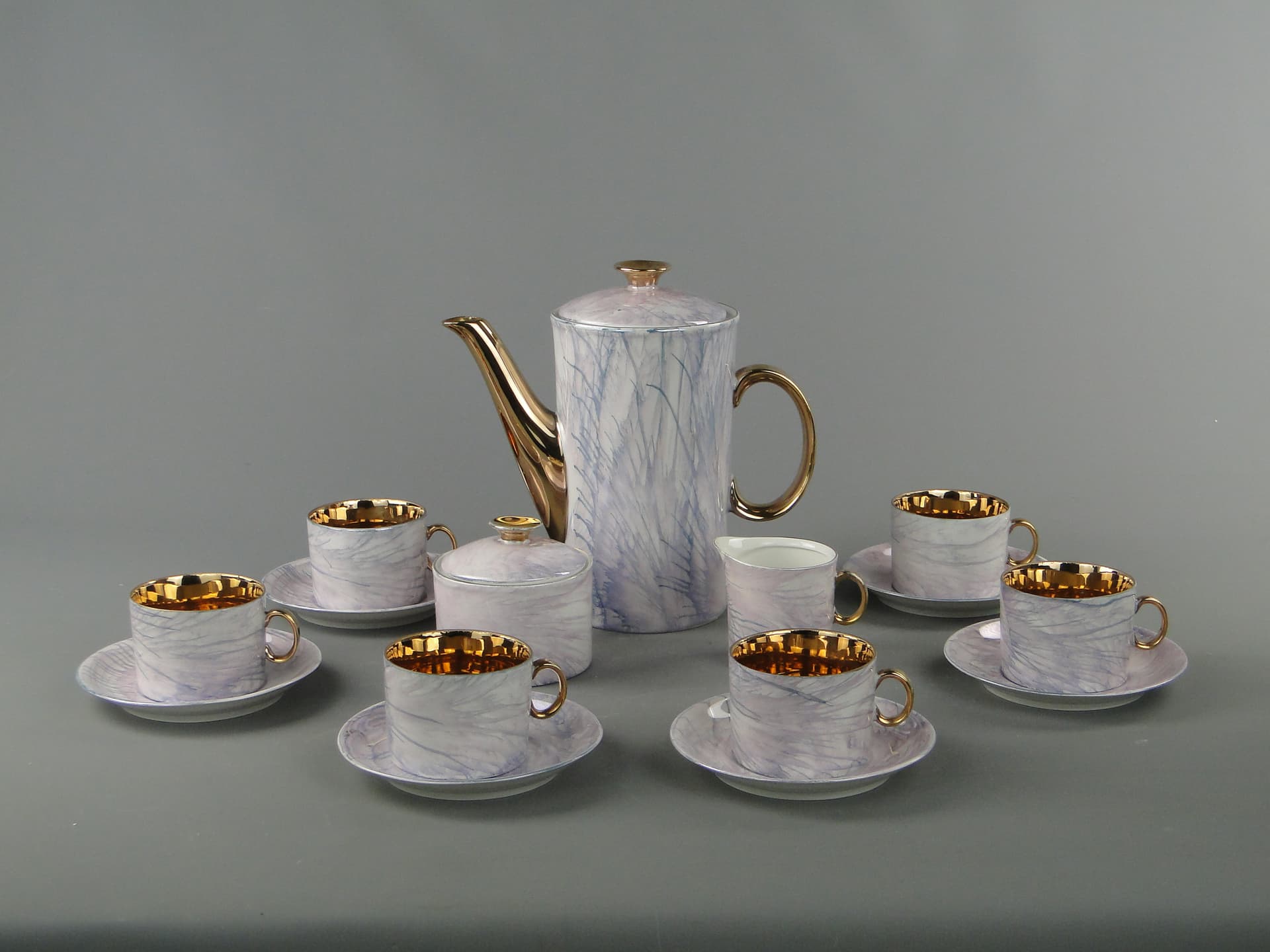 Coffee set Milo, white marbled blue grey purple, porcelain gilt, by A. Sadulski, Poland, 1960s. - 367709