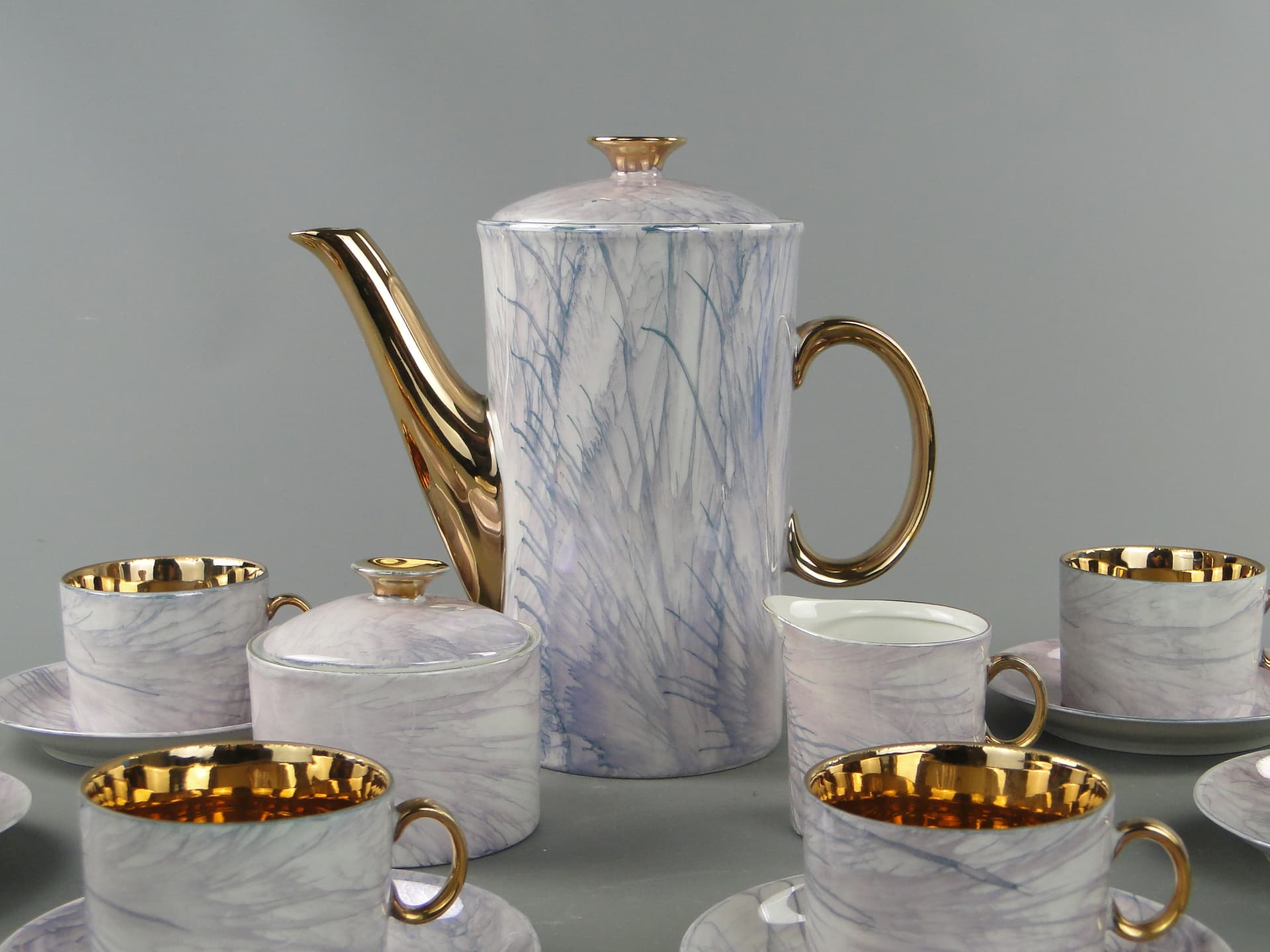 Coffee set Milo, white marbled blue grey purple, porcelain gilt, by A. Sadulski, Poland, 1960s. - 367702