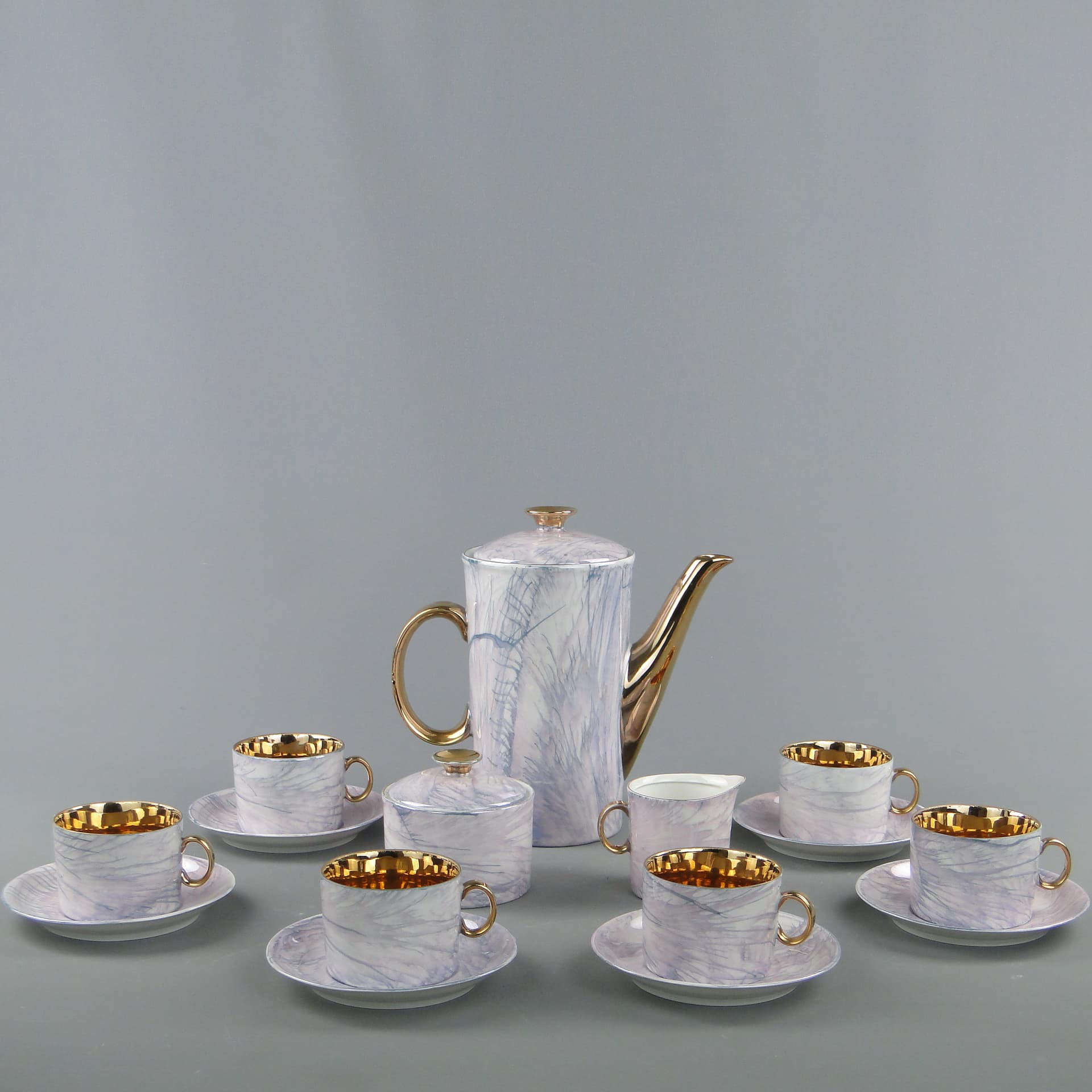 Coffee set Milo, white marbled blue grey purple, porcelain gilt, by A. Sadulski, Poland, 1960s. - 367696
