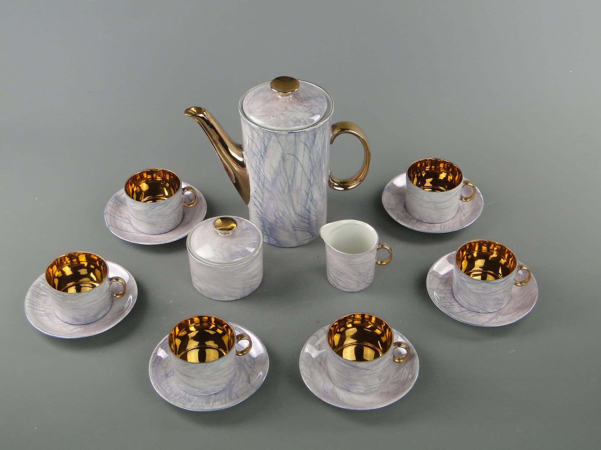 Coffee set Milo, white marbled blue grey purple, porcelain gilt, by A. Sadulski, Poland, 1960s. - 367710