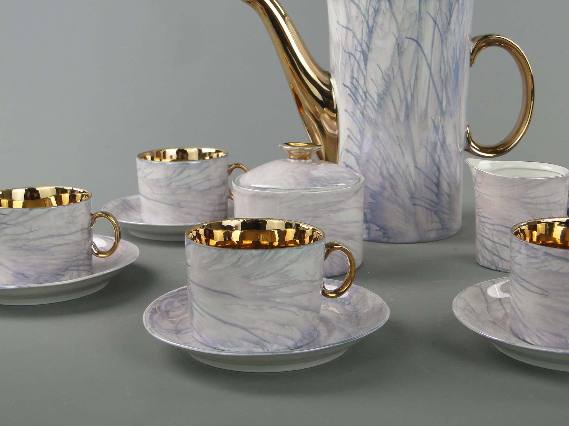 Coffee set Milo, white marbled blue grey purple, porcelain gilt, by A. Sadulski, Poland, 1960s. - 367703