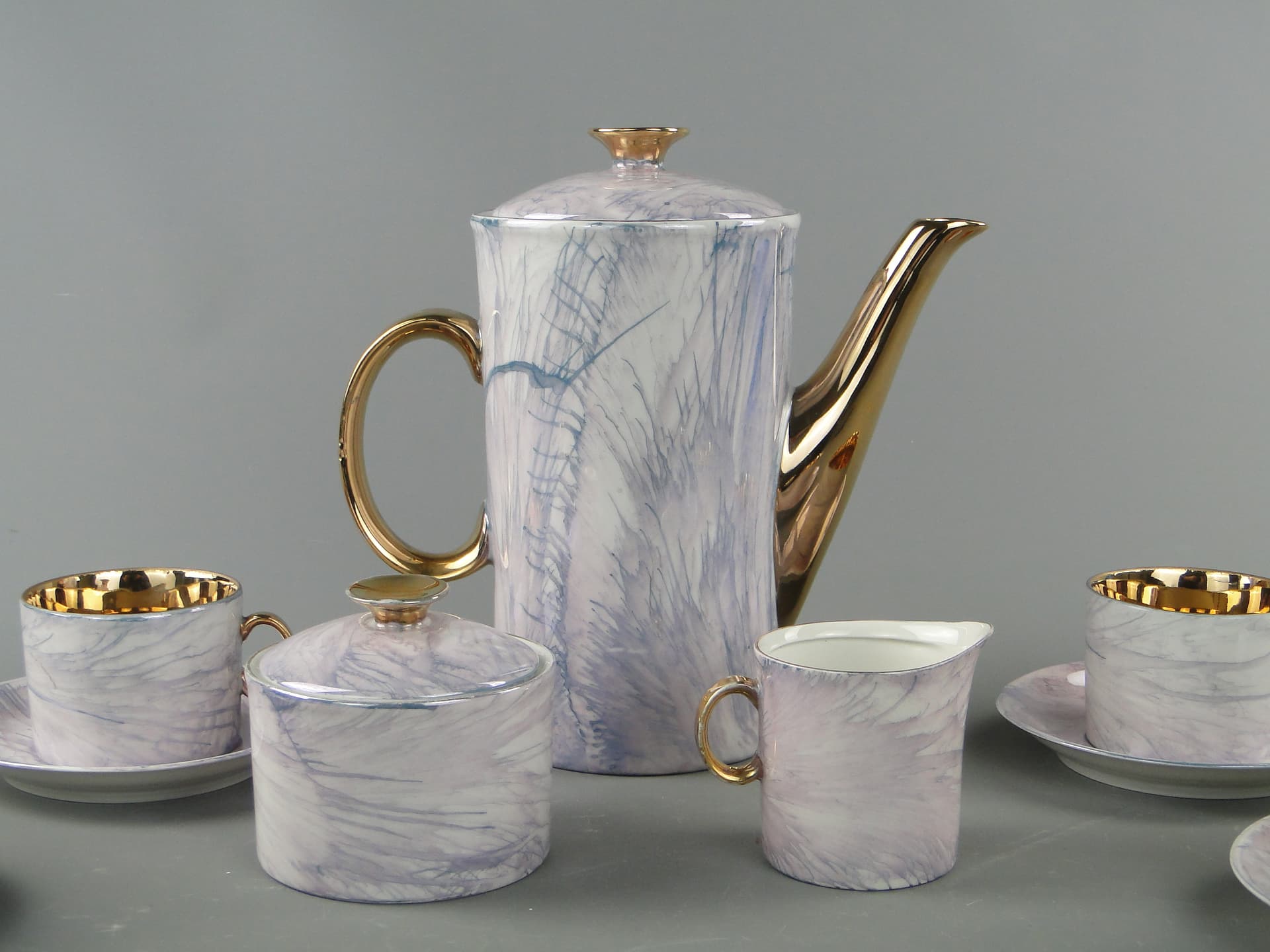 Coffee set Milo, white marbled blue grey purple, porcelain gilt, by A. Sadulski, Poland, 1960s. - 367706