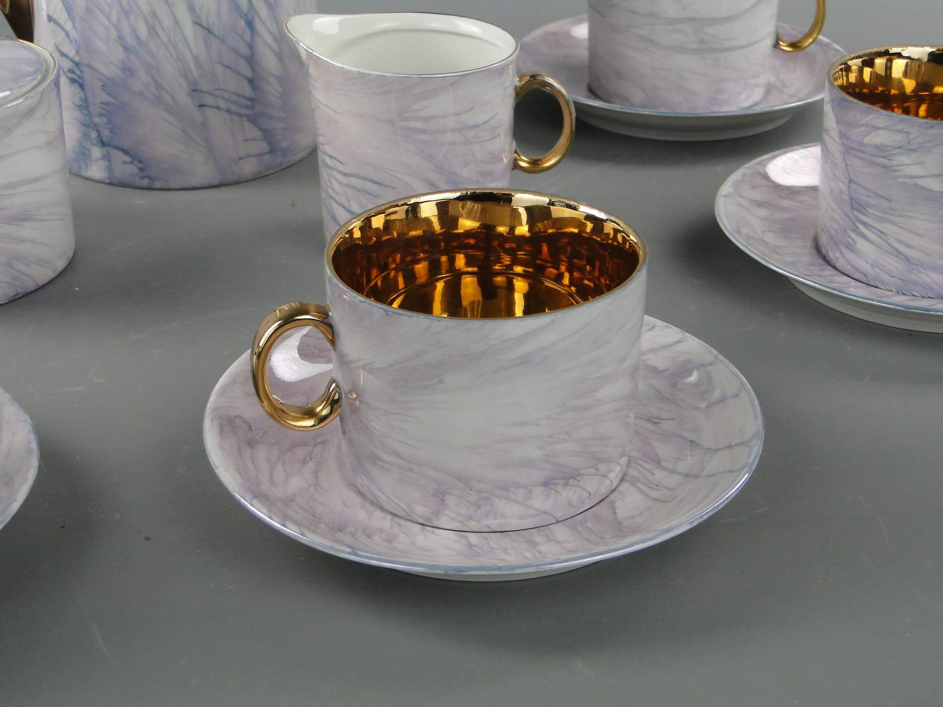 Coffee set Milo, white marbled blue grey purple, porcelain gilt, by A. Sadulski, Poland, 1960s. - 367705
