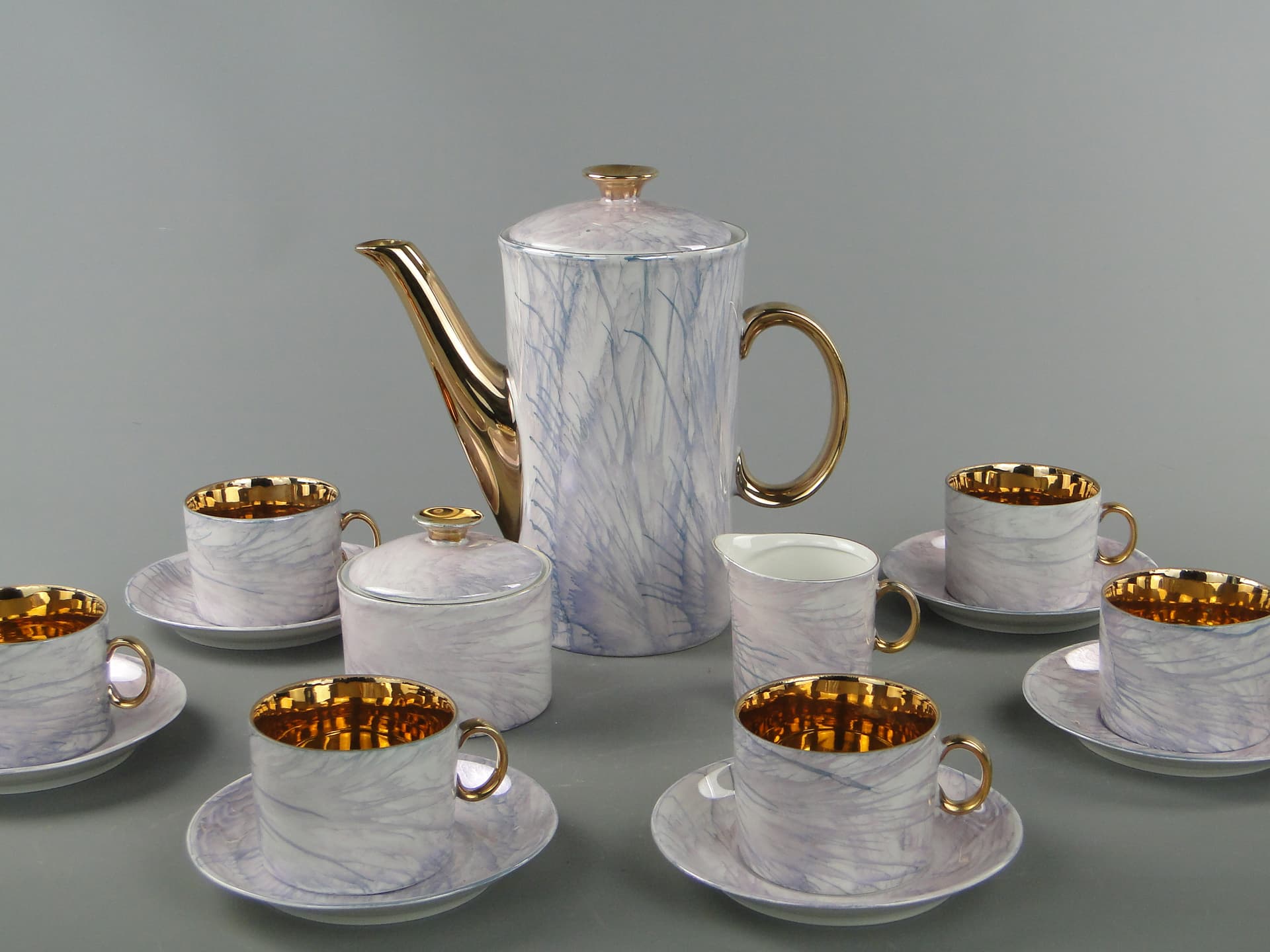Coffee set Milo, white marbled blue grey purple, porcelain gilt, by A. Sadulski, Poland, 1960s. - 367701