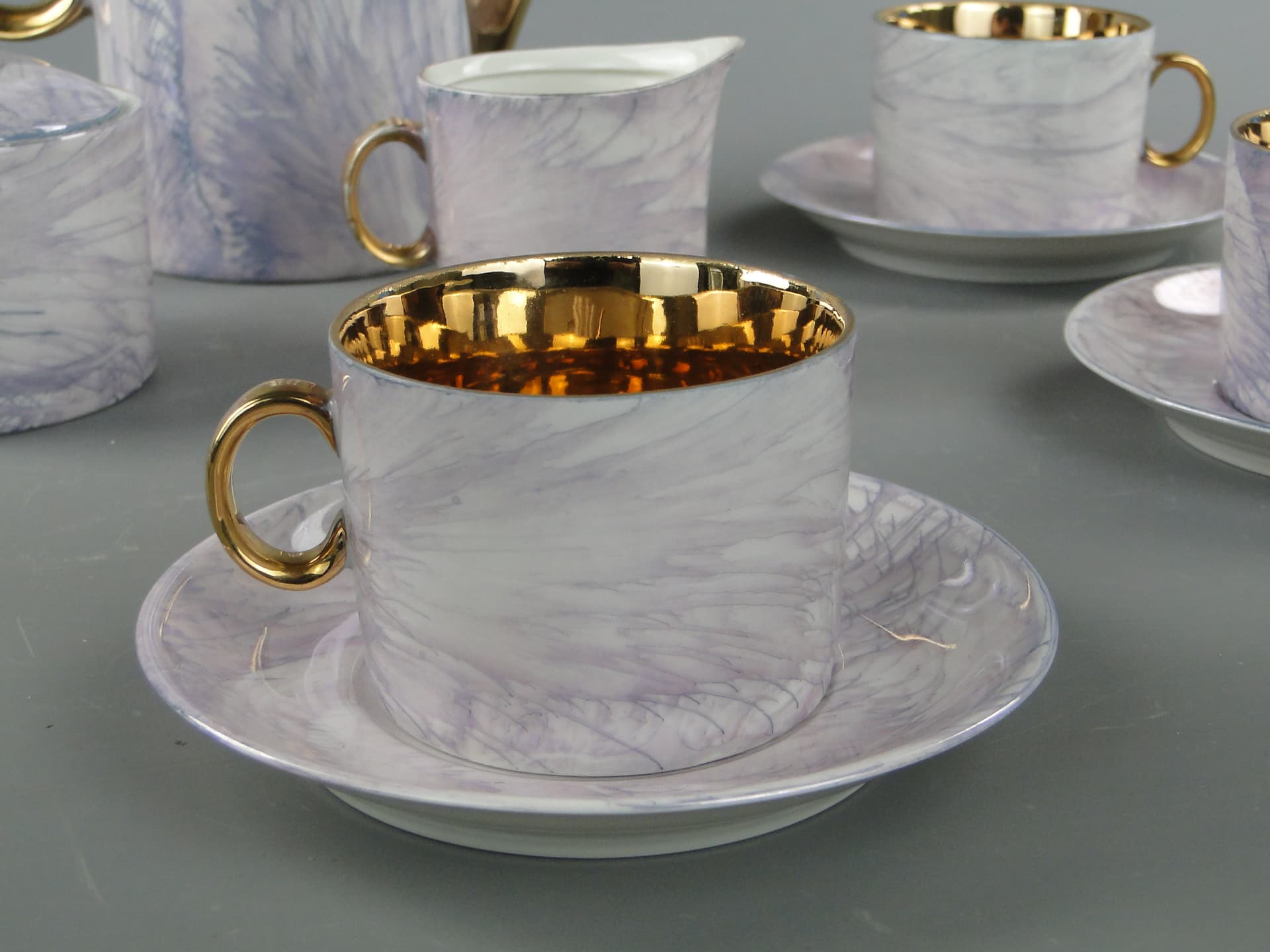 Coffee set Milo, white marbled blue grey purple, porcelain gilt, by A. Sadulski, Poland, 1960s. - 367699