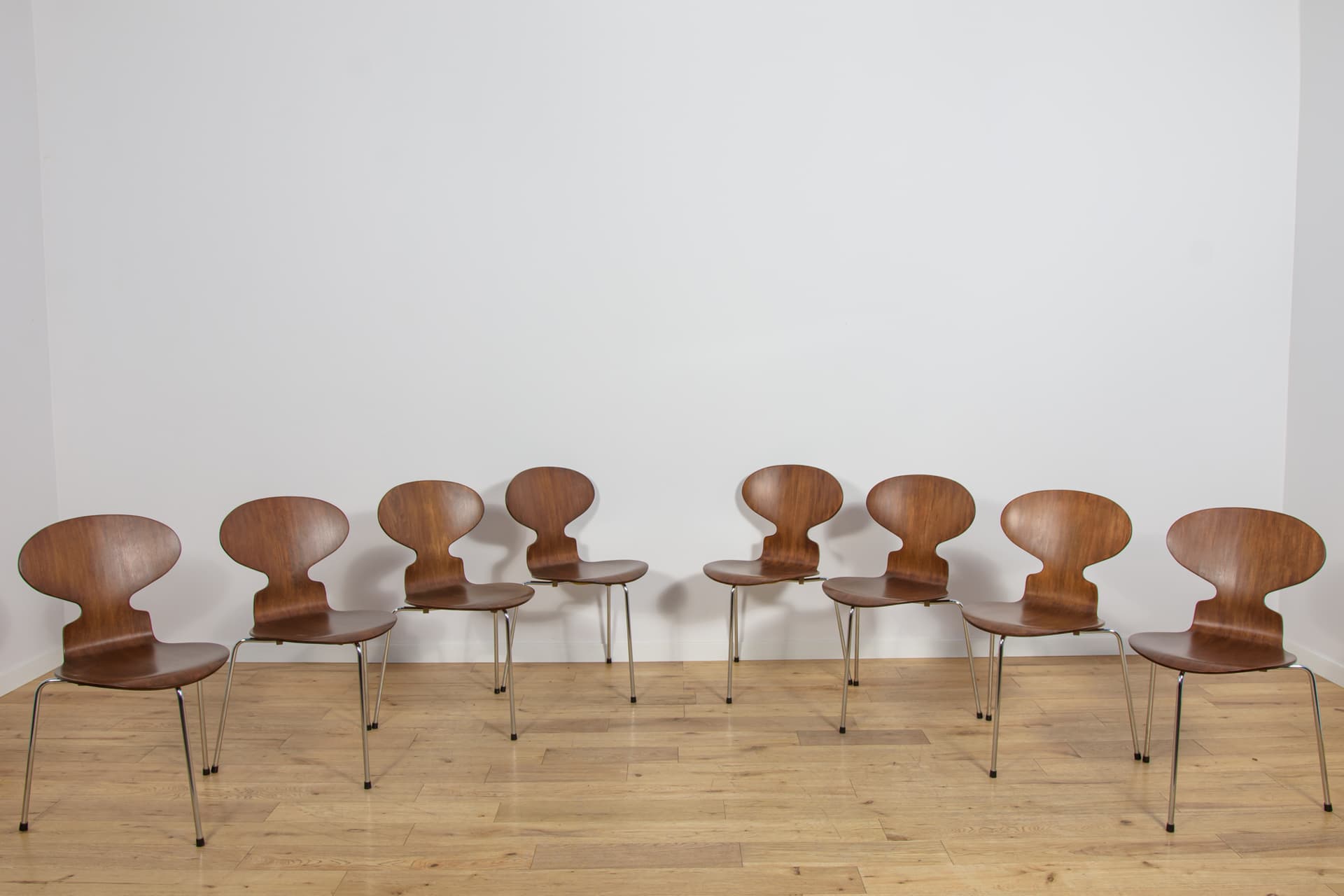Set of eight chairs Ant 3101, teak plywood brown, polished steel silver, by A. Jacobsen, Fritz Hansen, Denmark, 1970s. - 367812