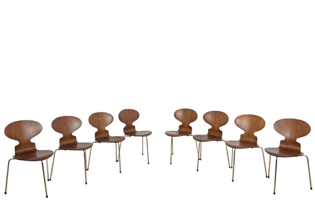 Set of eight chairs Ant 3101, teak plywood brown, polished steel silver, by A. Jacobsen, Fritz Hansen, Denmark, 1970s. - DIMENSION