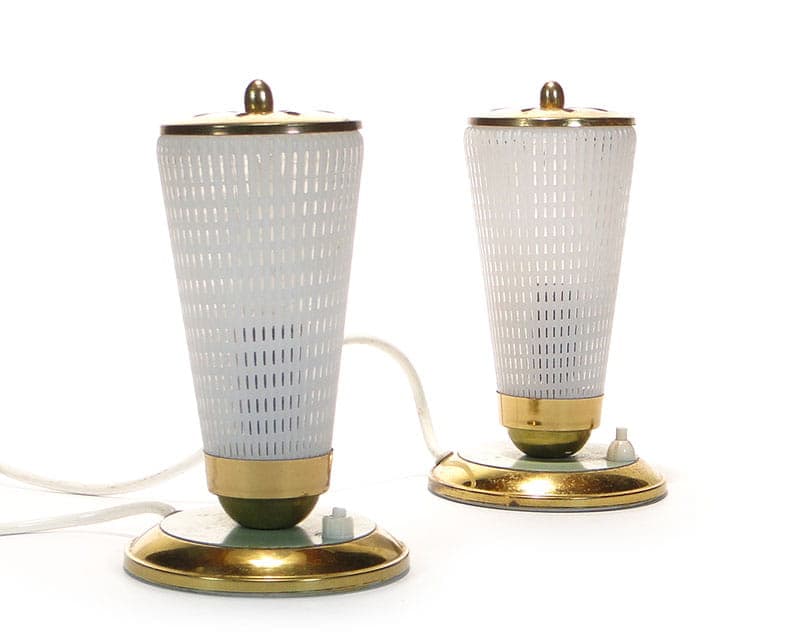 Pair of table lamps, white glass, gold brass, Germany, 1950s.